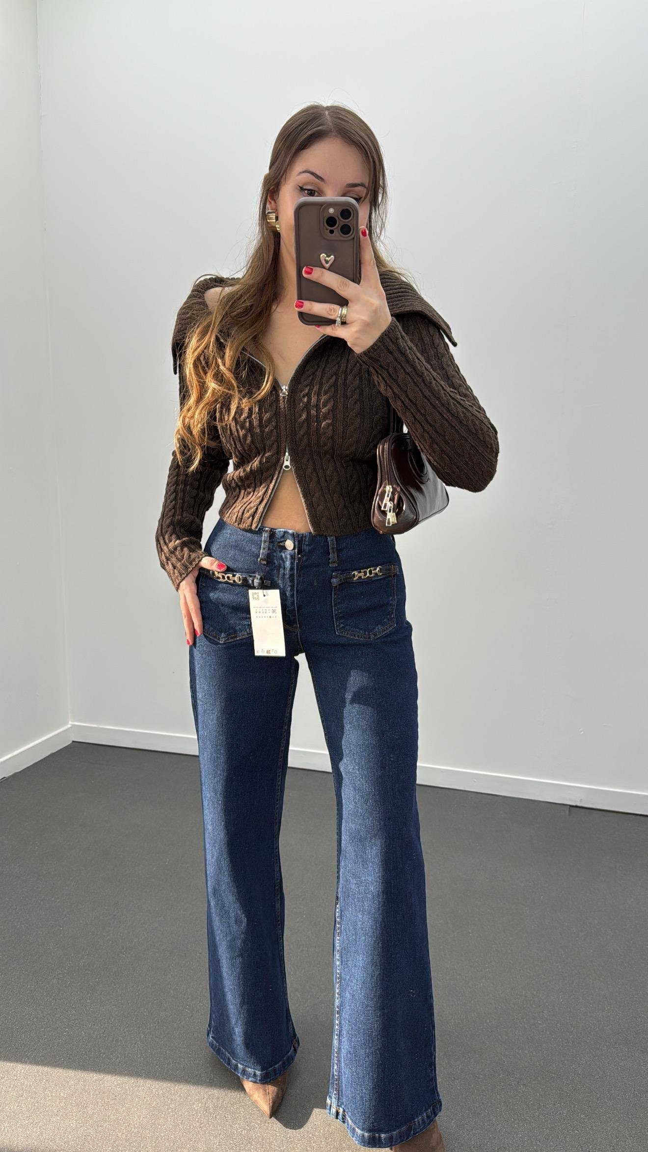 Dubai Lacivert Likralı Zincir Cep Detaylı Flare Jeans