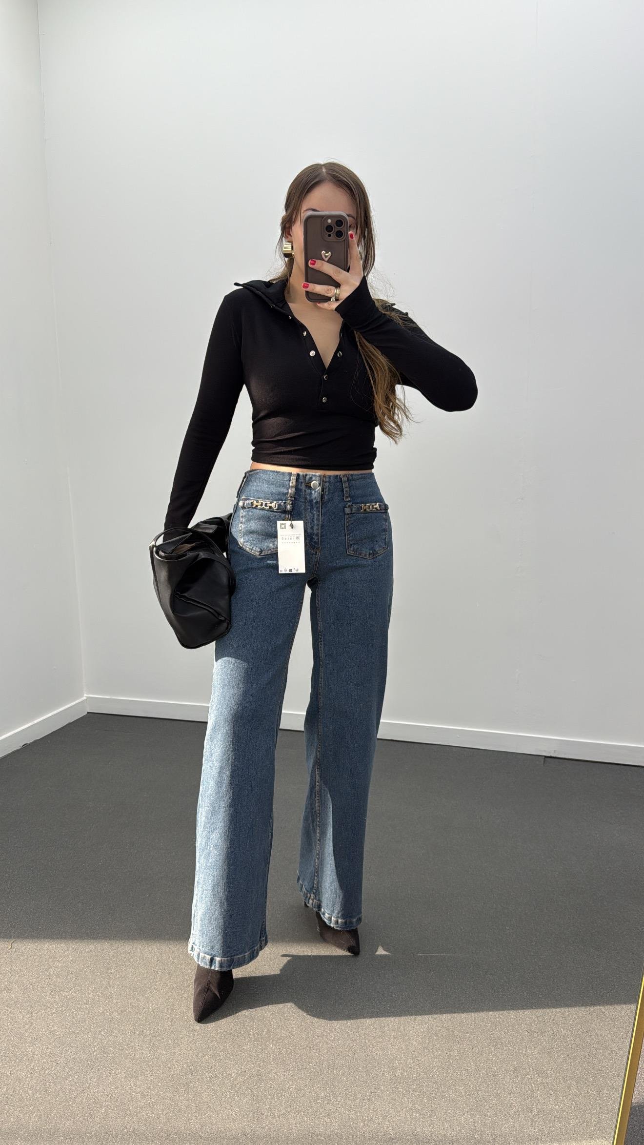 Dubai Orta Kot Likralı Zincir Cep Detaylı Flare Jeans