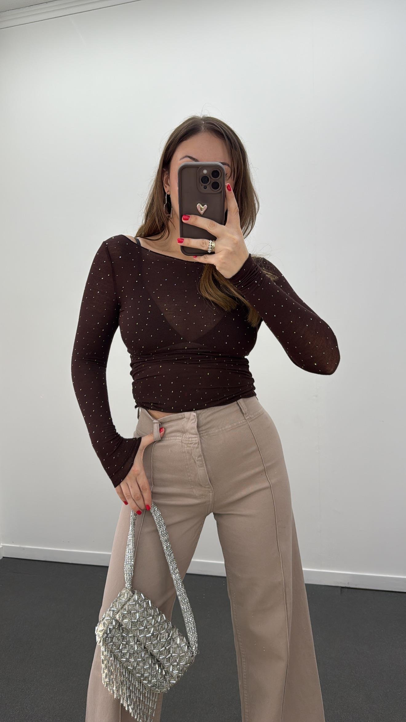 Dulcia Kahve Taş Aksesuarlı Kaşmir Bluz