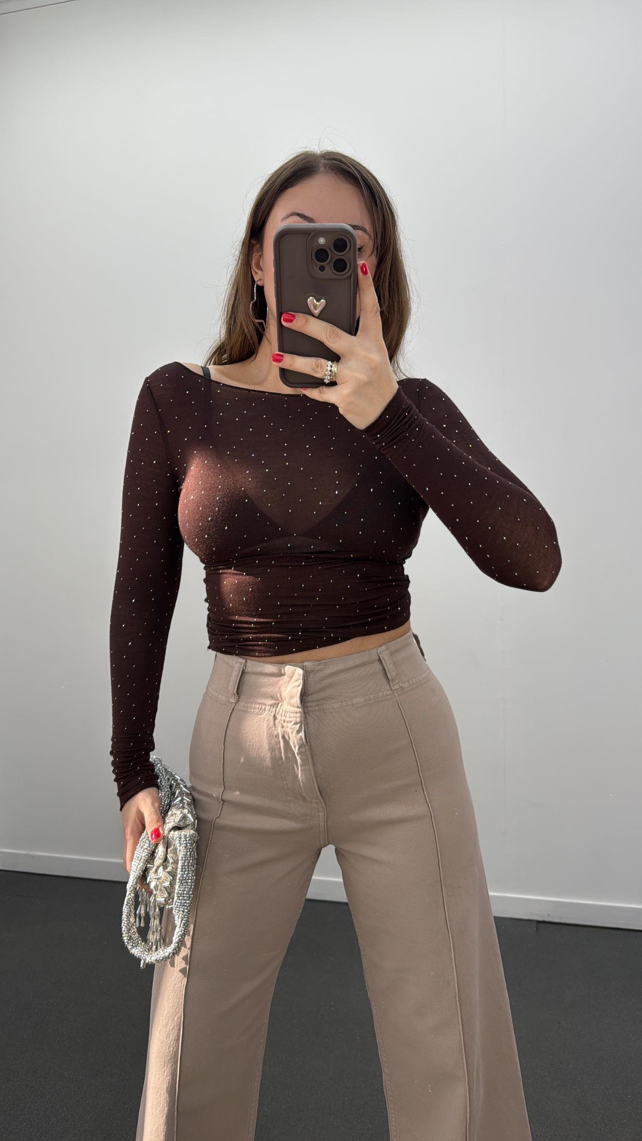 Dulcia Kahve Taş Aksesuarlı Kaşmir Bluz