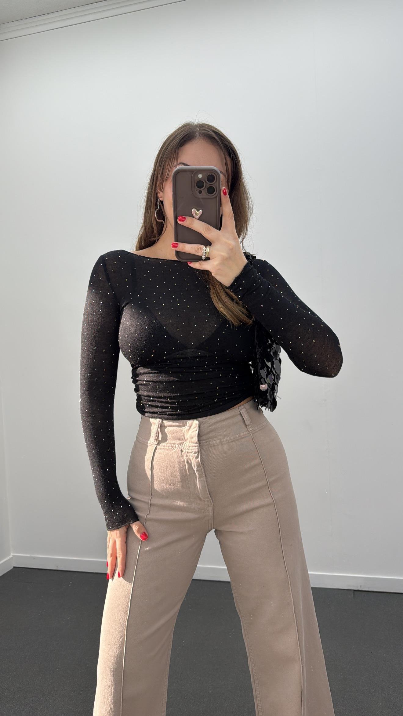 Dulcia Siyah Taş Aksesuarlı Kaşmir Bluz