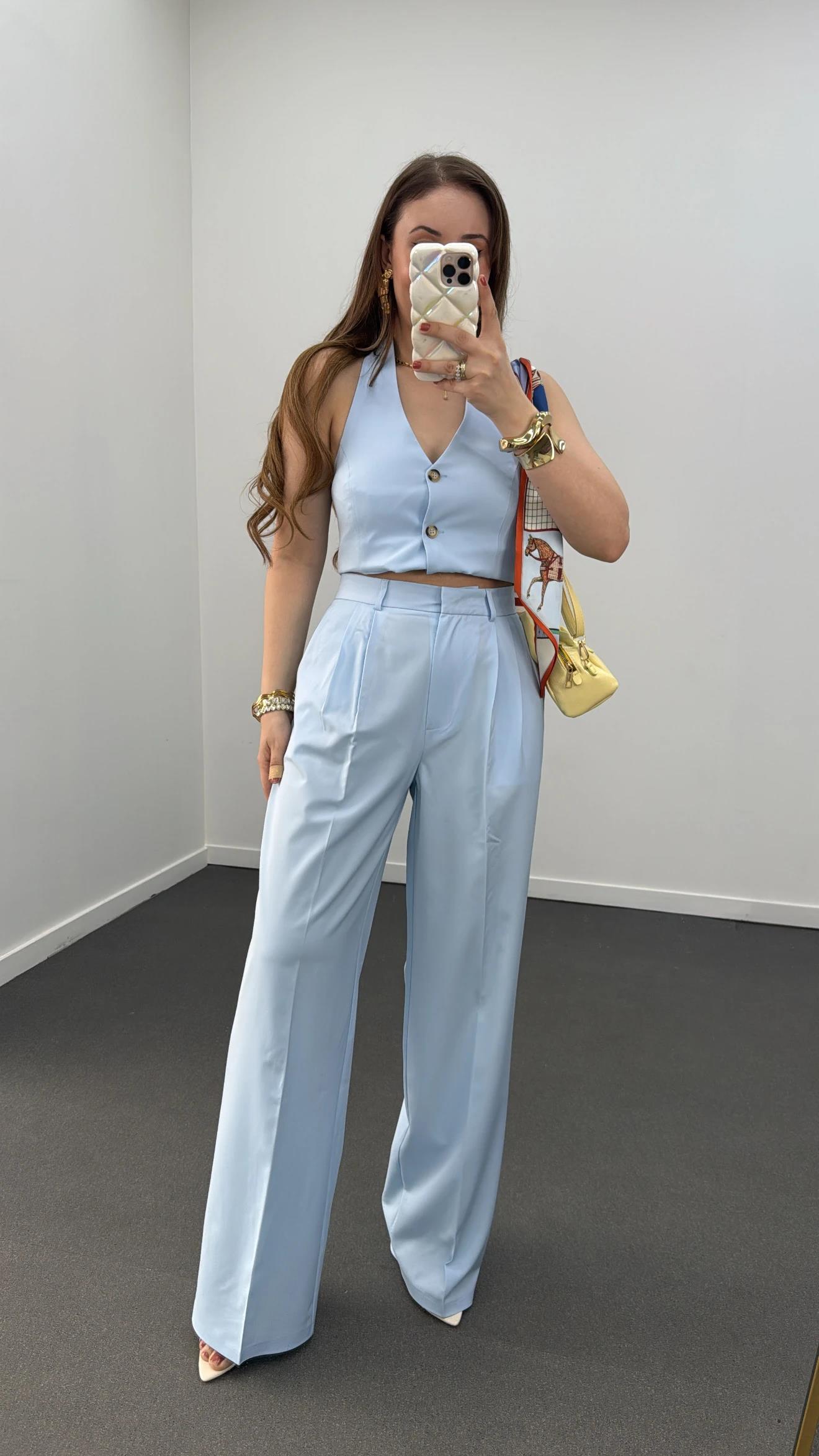 Efruz Premium Seri Bebe Mavi Pileli Kumaş Pantolon