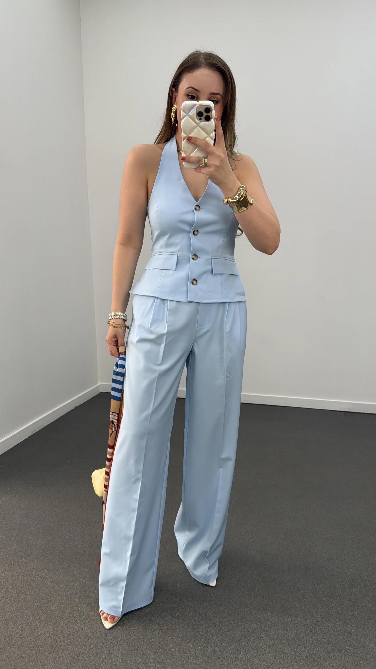 Efruz Premium Seri Bebe Mavi Pileli Kumaş Pantolon