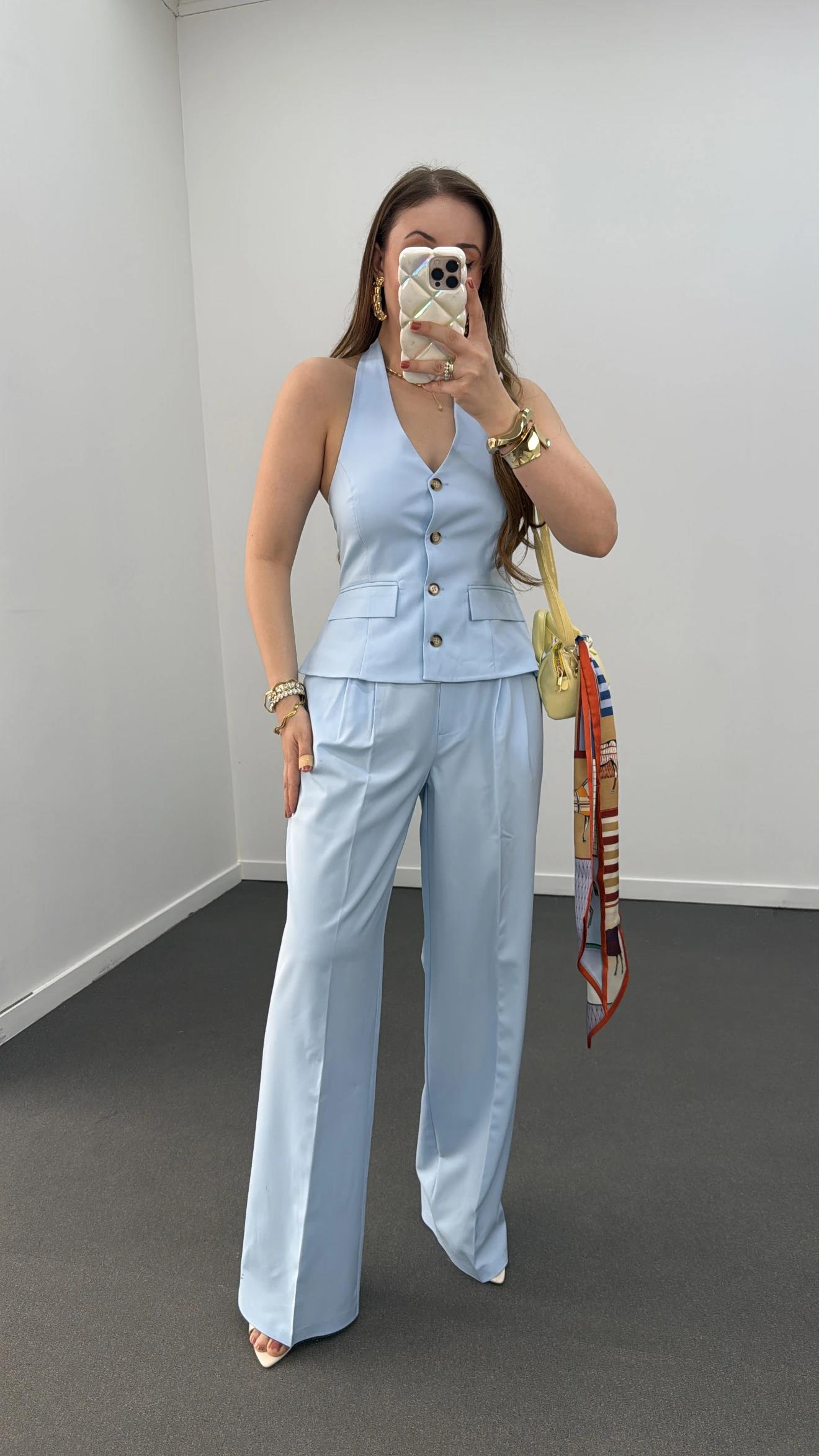 Efruz Premium Seri Bebe Mavi Pileli Kumaş Pantolon