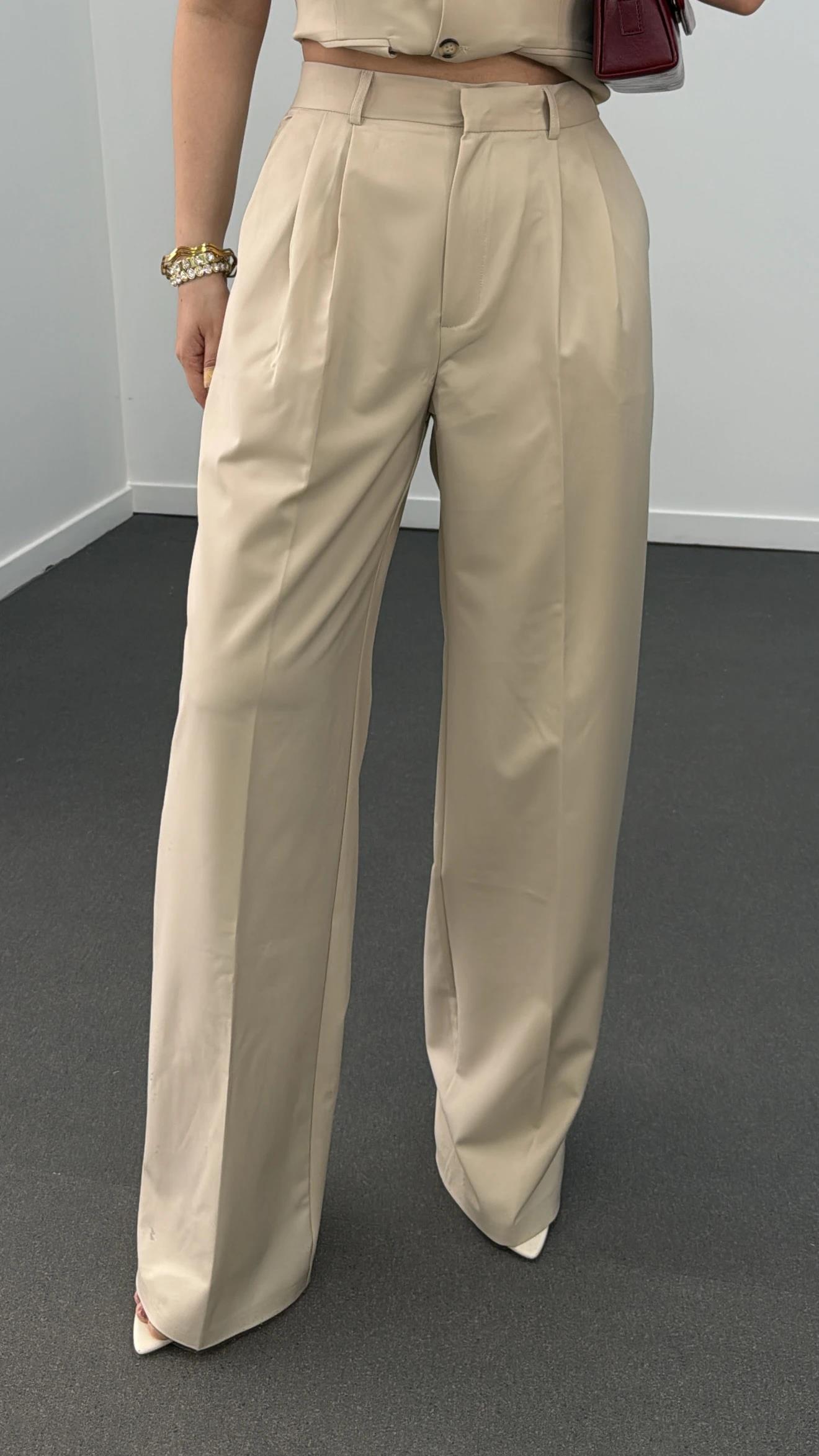 Efruz Premium Seri Bej Pileli Kumaş Pantolon