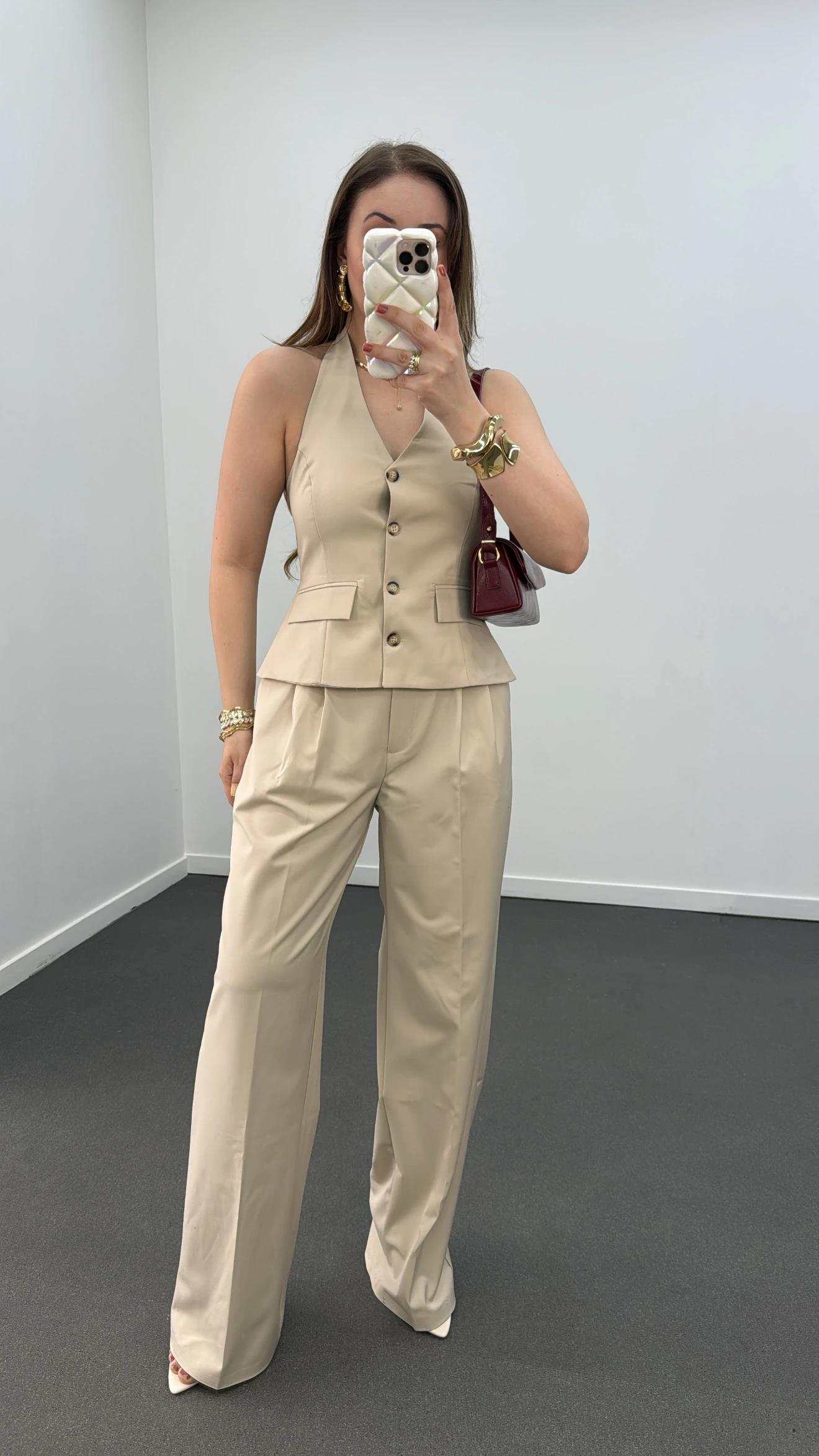 Efruz Premium Seri Bej Pileli Kumaş Pantolon