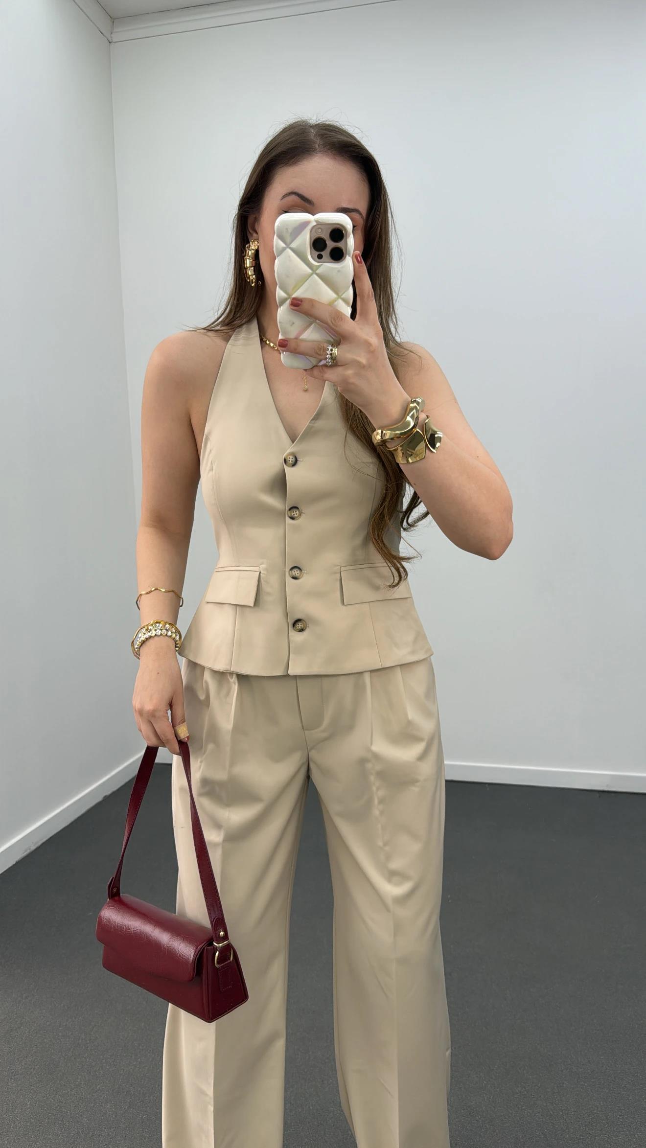 Efruz Premium Seri Bej Renk 4 Düğmeli Yelek