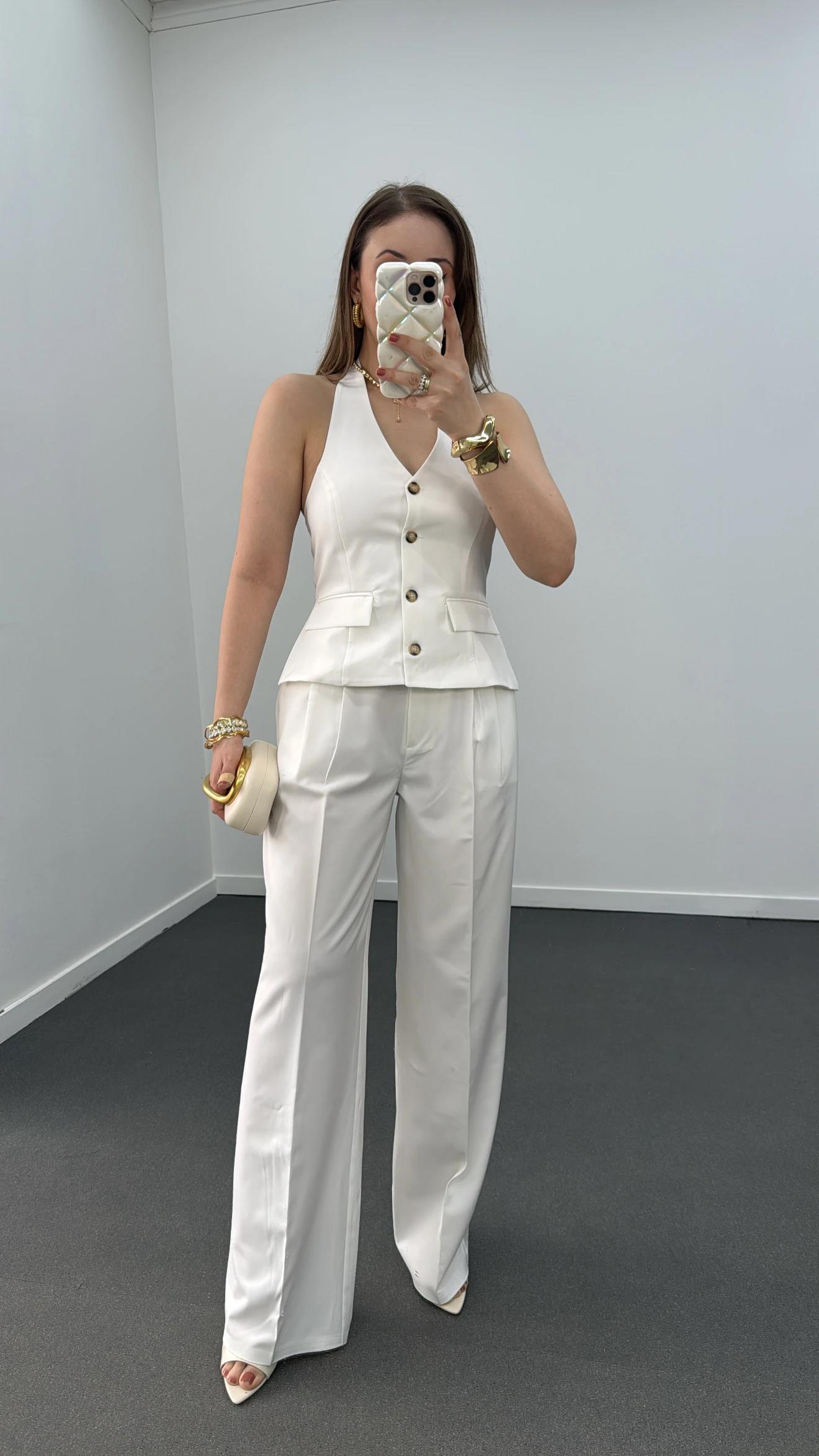 Efruz Premium Seri Beyaz Pileli Kumaş Pantolon