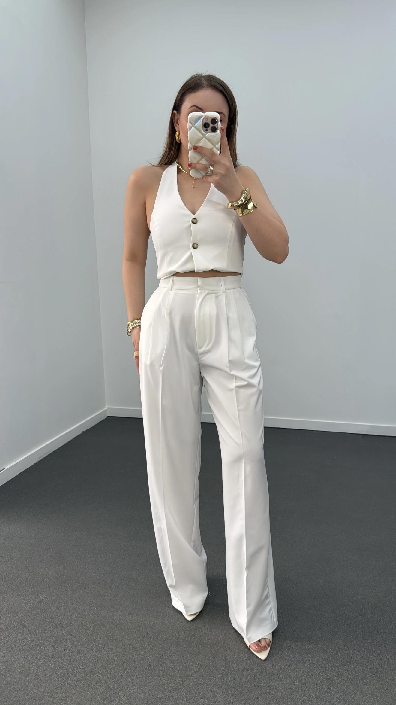 Efruz Premium Seri Beyaz Pileli Kumaş Pantolon