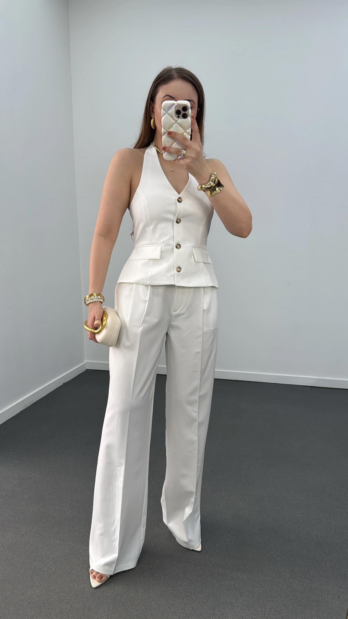 Efruz Premium Seri Beyaz Pileli Kumaş Pantolon