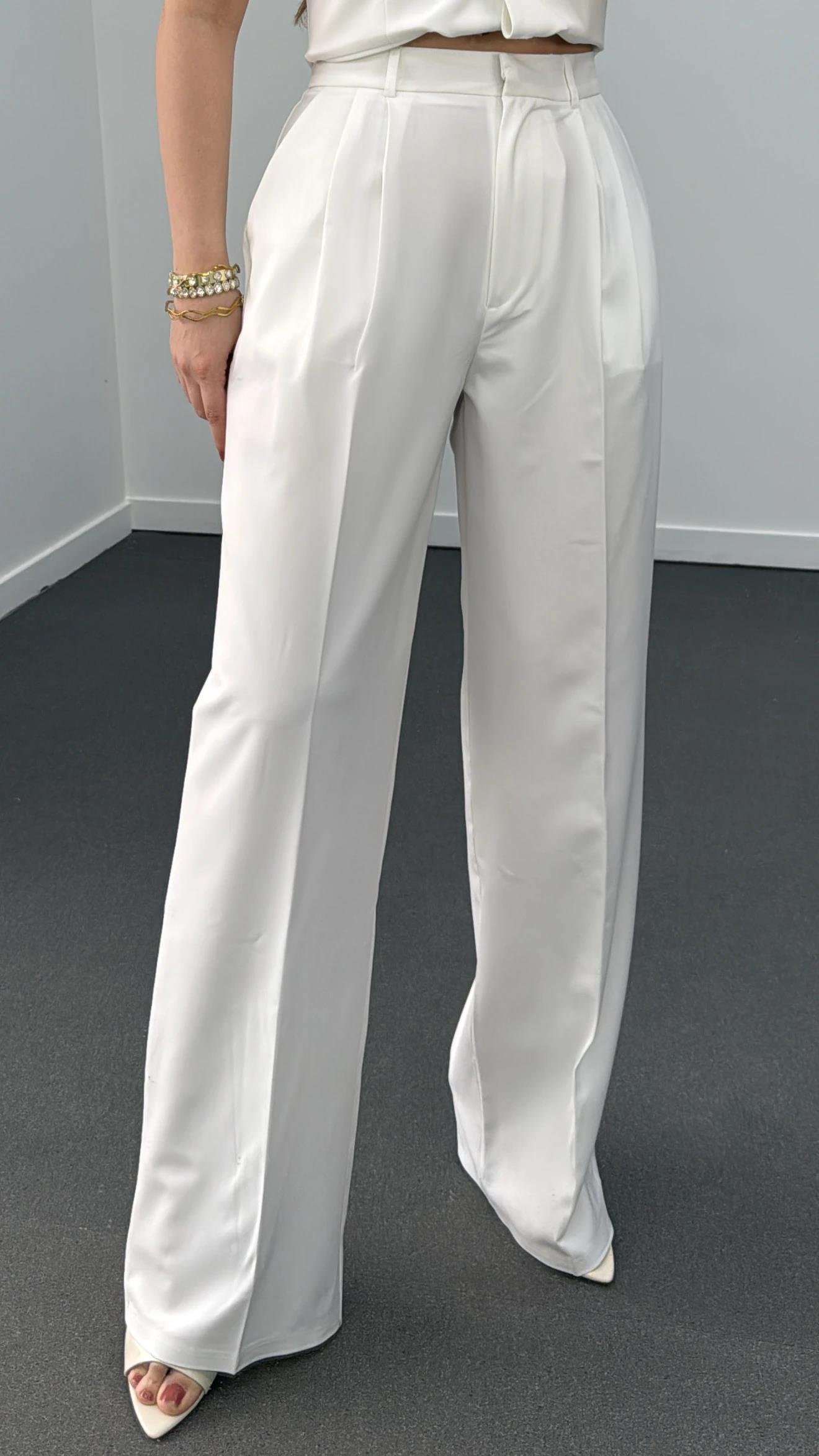 Efruz Premium Seri Beyaz Pileli Kumaş Pantolon