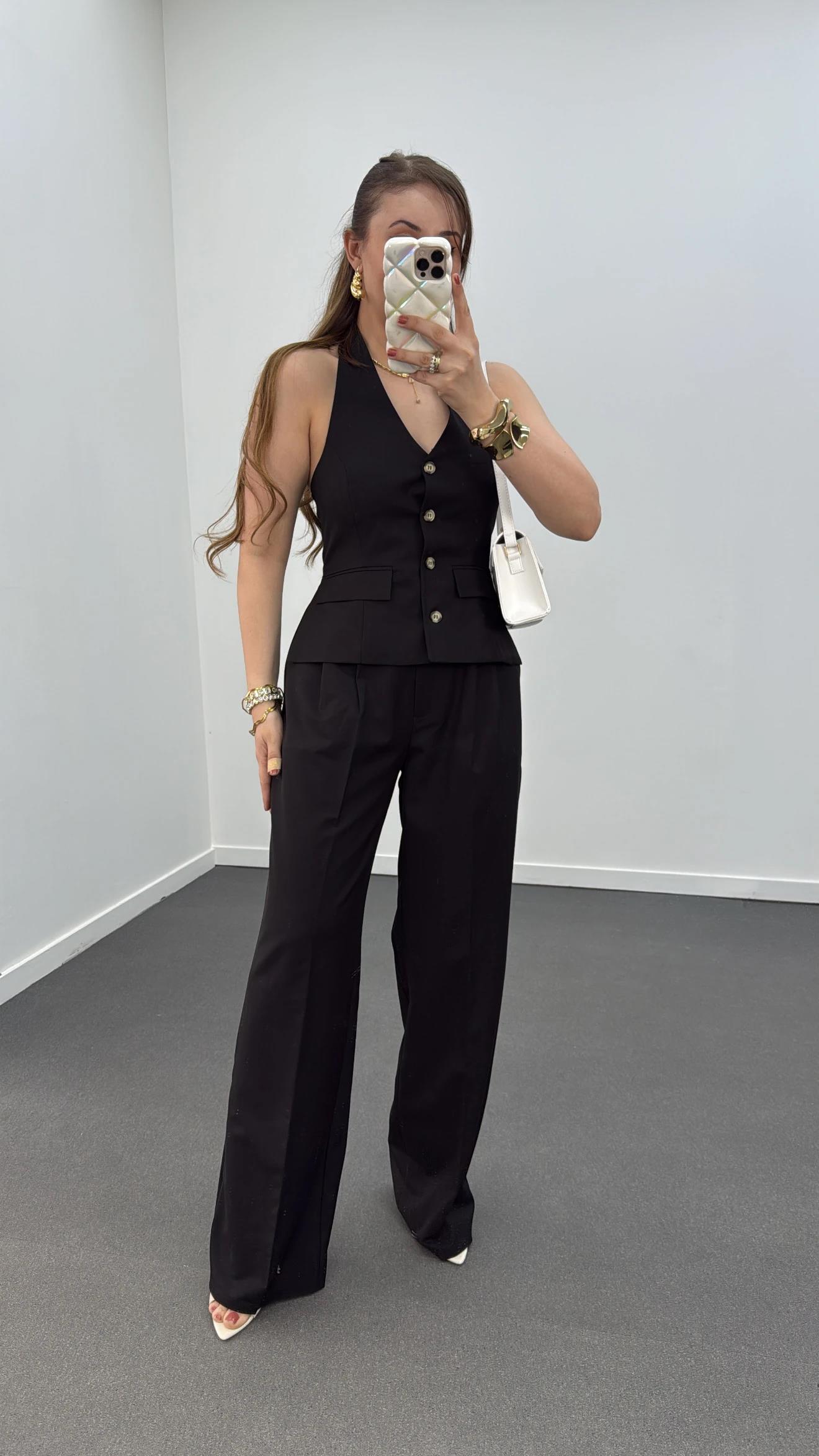 Efruz Premium Seri Siyah Pileli Kumaş Pantolon