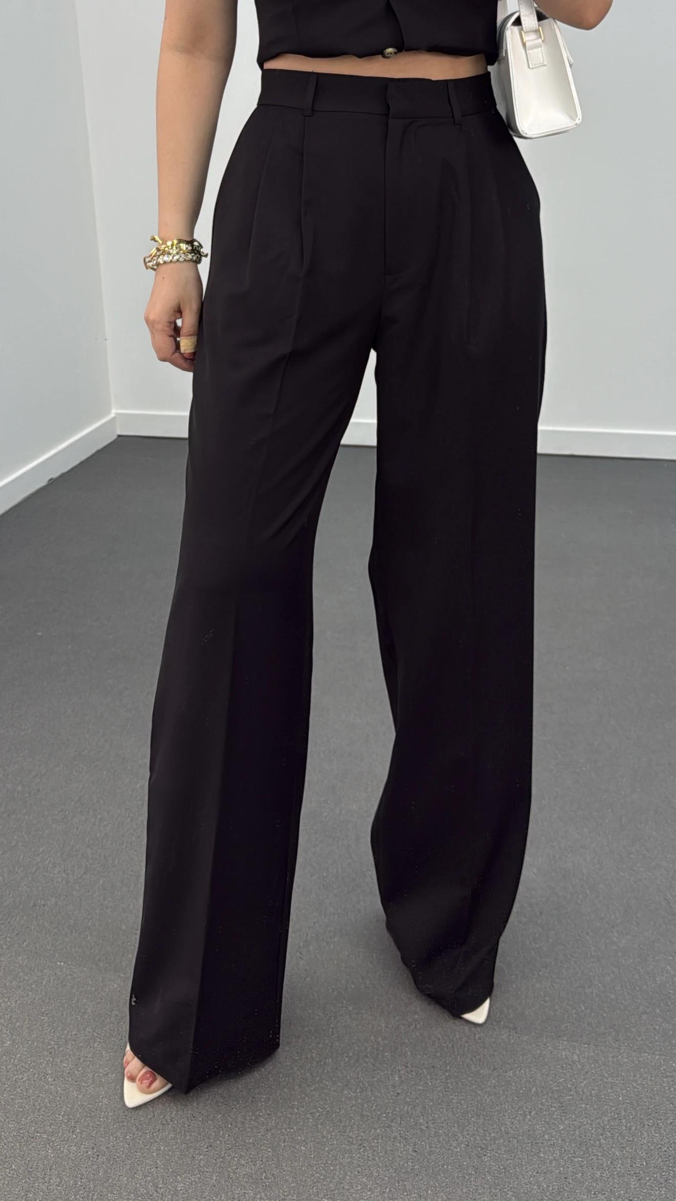 Efruz Premium Seri Siyah Pileli Kumaş Pantolon