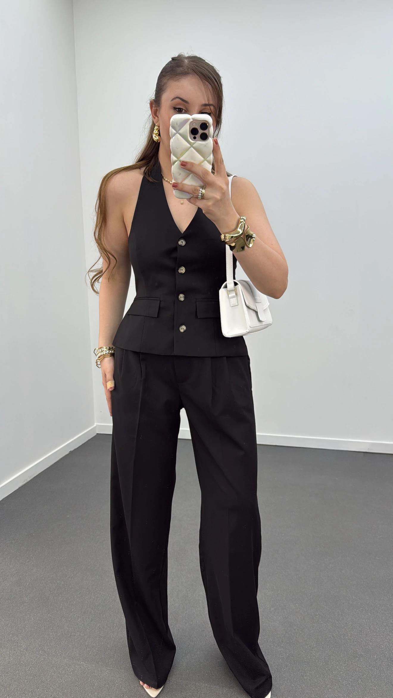 Efruz Premium Seri Siyah Pileli Kumaş Pantolon