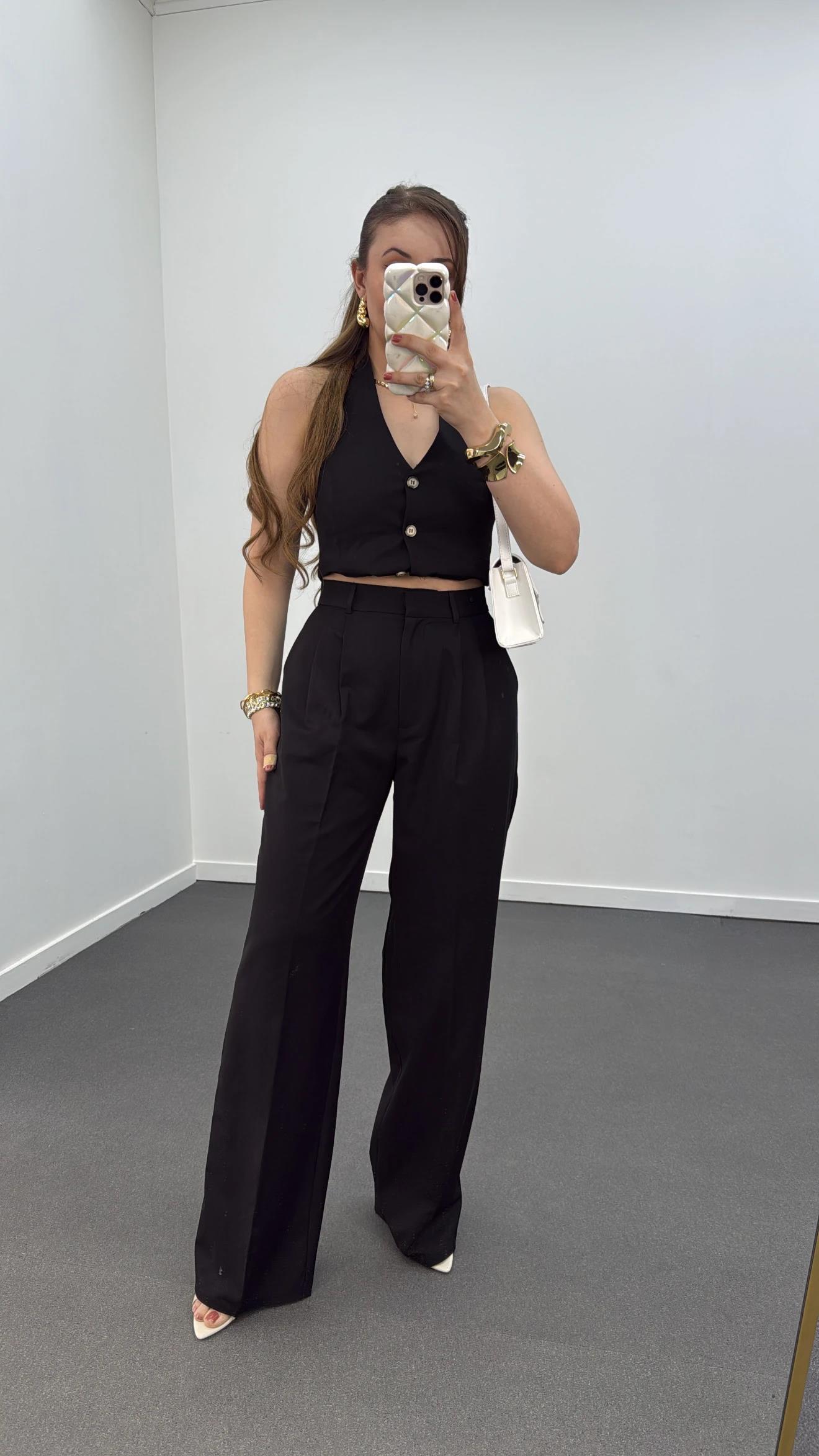 Efruz Premium Seri Siyah Pileli Kumaş Pantolon