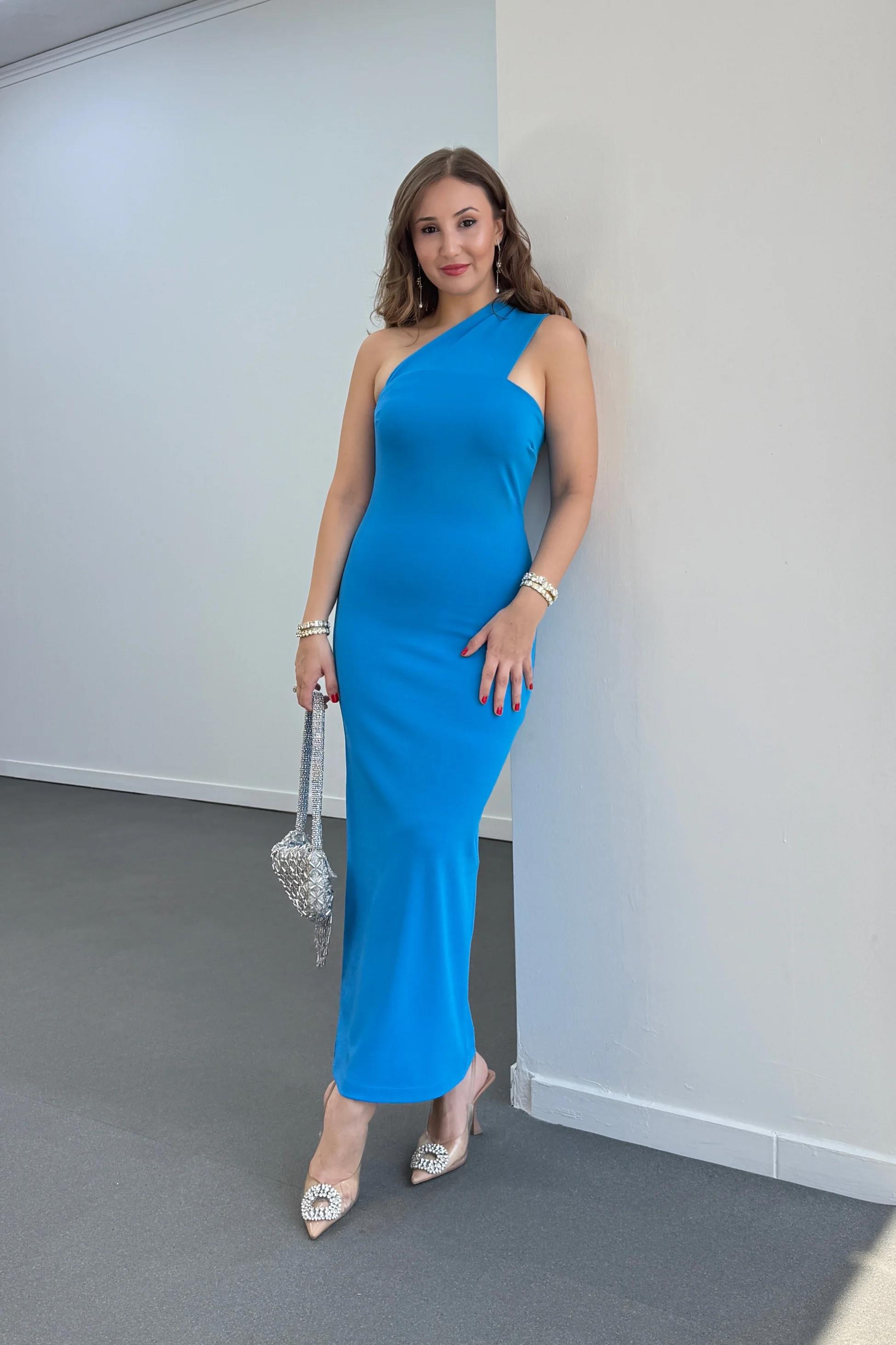 Eftelya Mavi Tek Omuz Kalem Likralı Midi Elbise