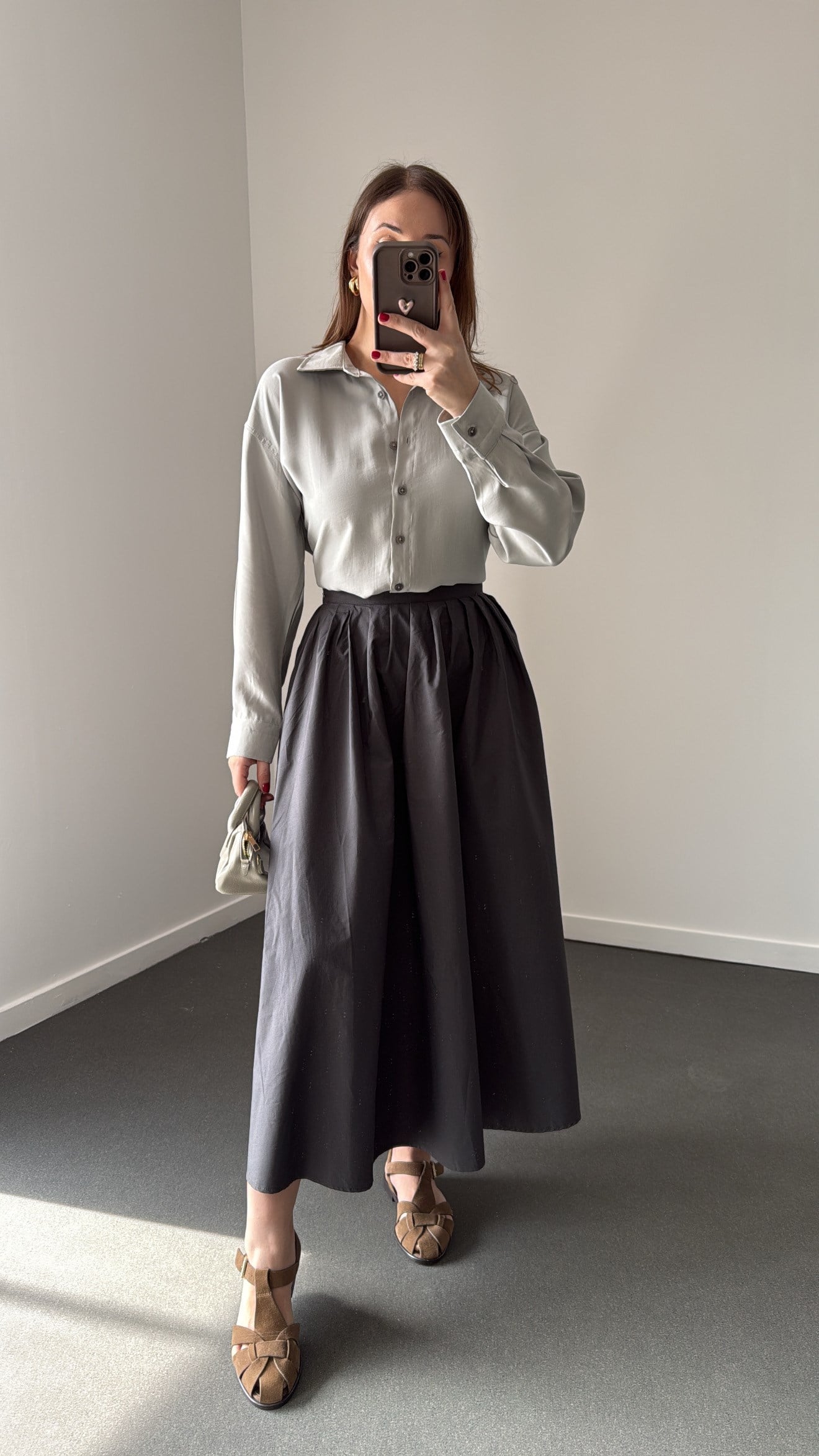 Elaine Gri Pileli Maxi Etek