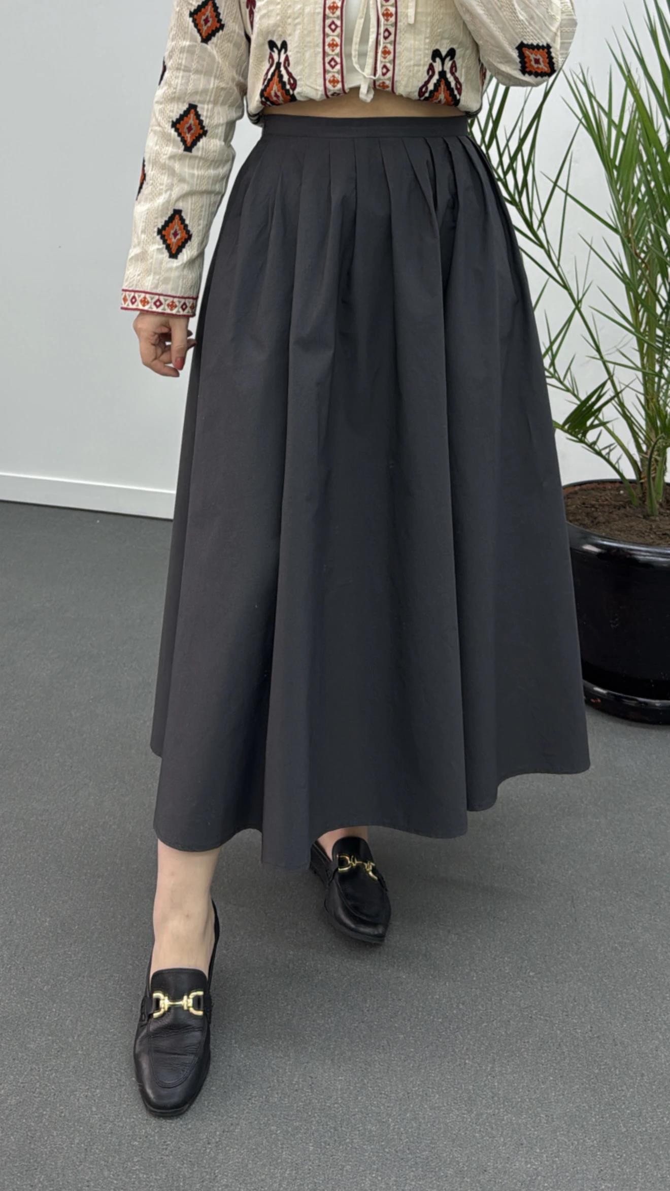 Elaine Gri Pileli Maxi Etek