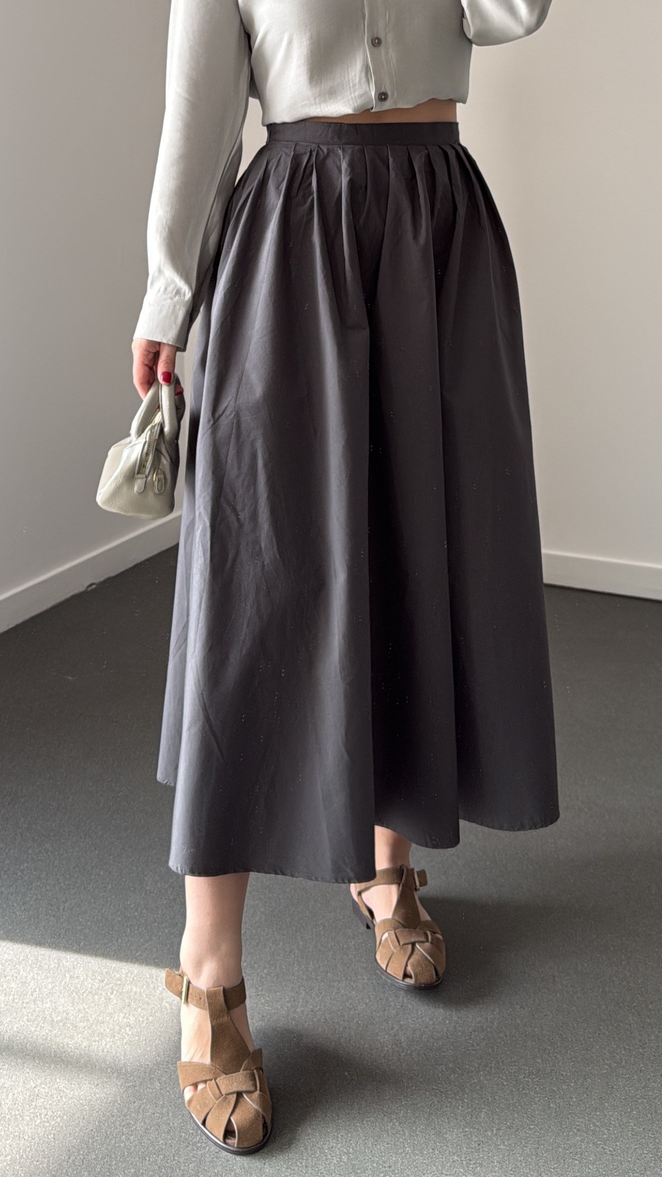 Elaine Gri Pileli Maxi Etek