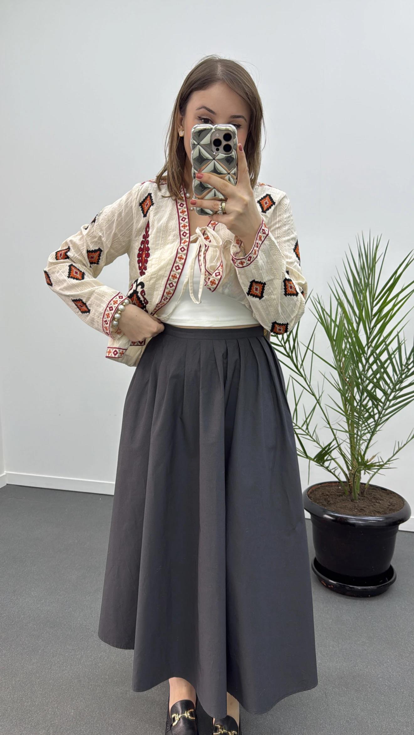 Elaine Gri Pileli Maxi Etek