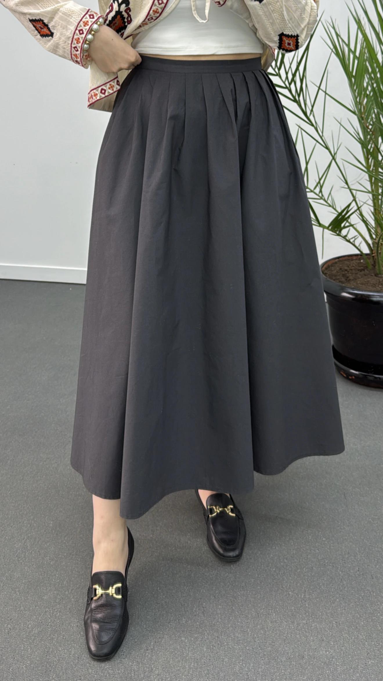 Elaine Gri Pileli Maxi Etek