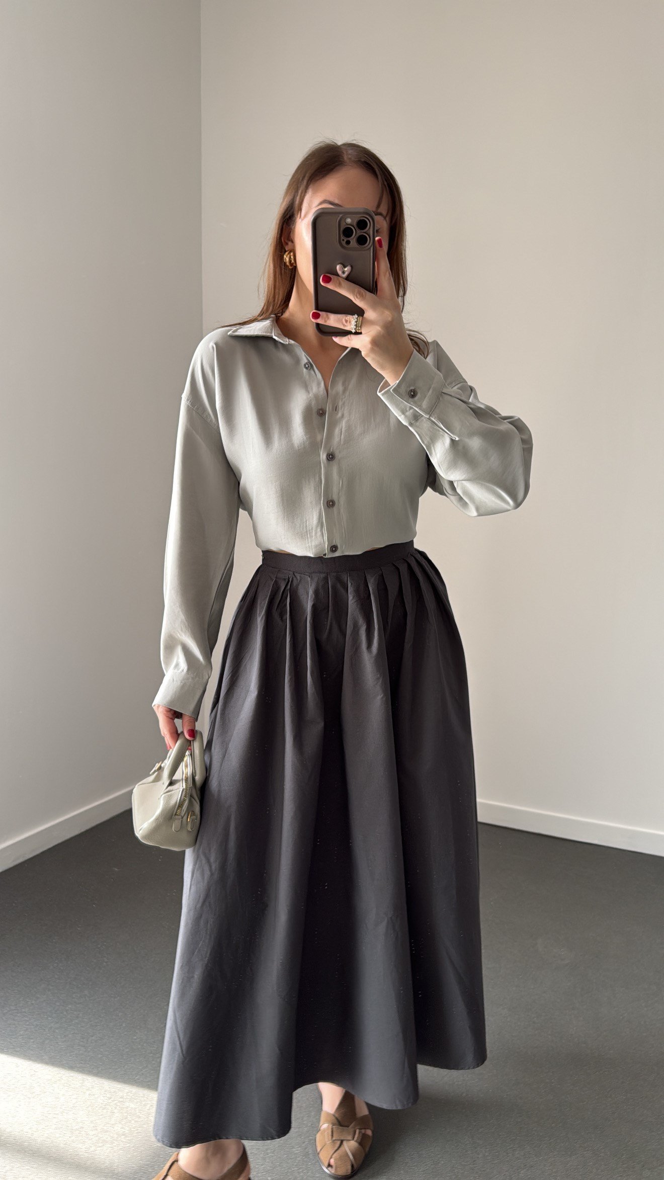 Elaine Gri Pileli Maxi Etek