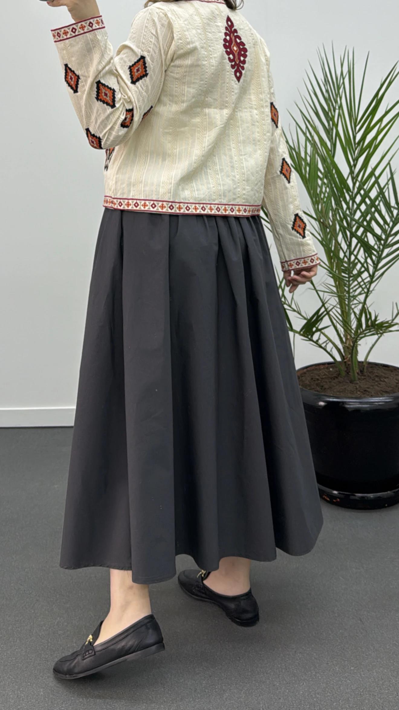 Elaine Gri Pileli Maxi Etek