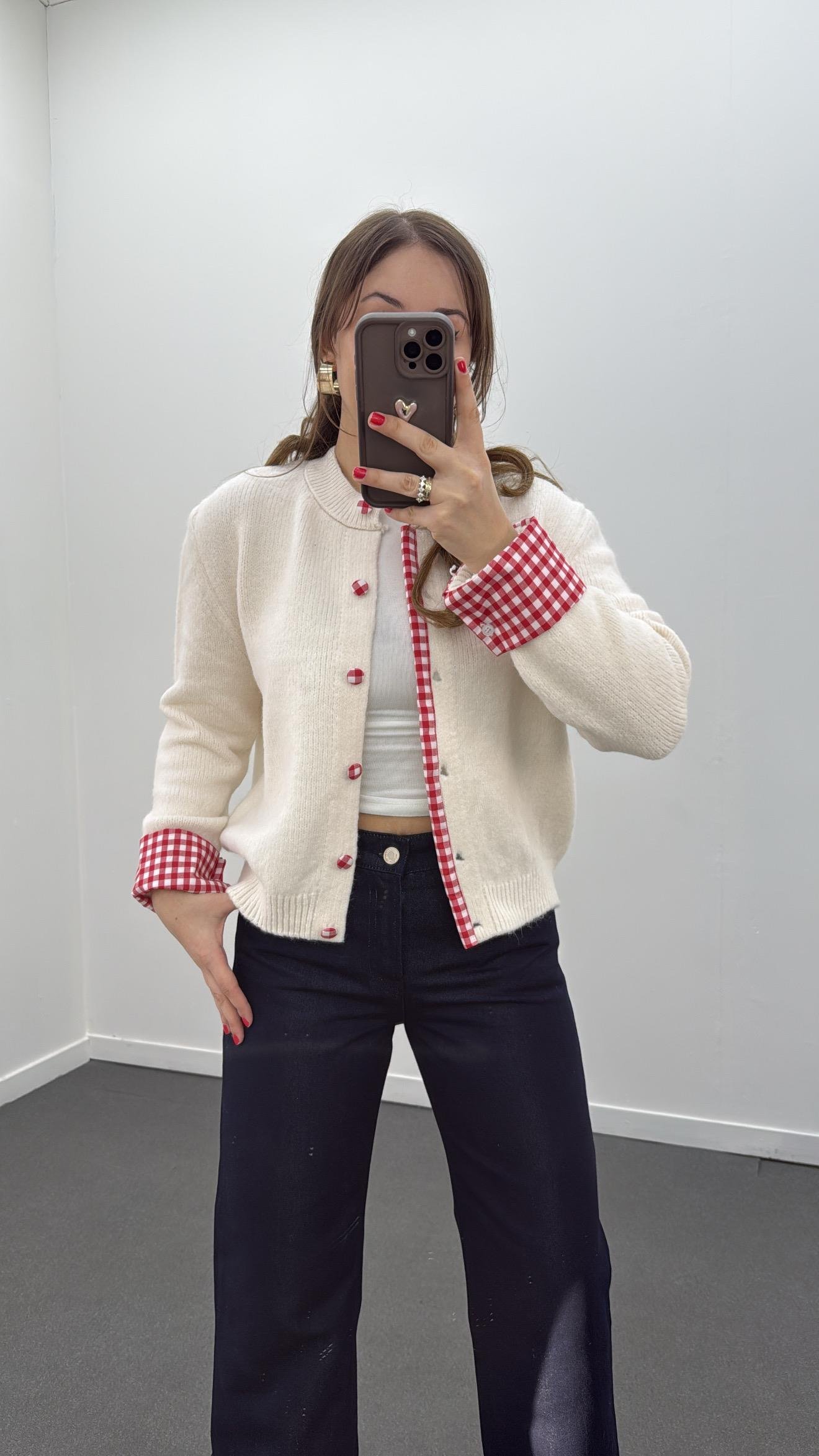 Elara Ekru Pötikareli Mix Triko Hırka