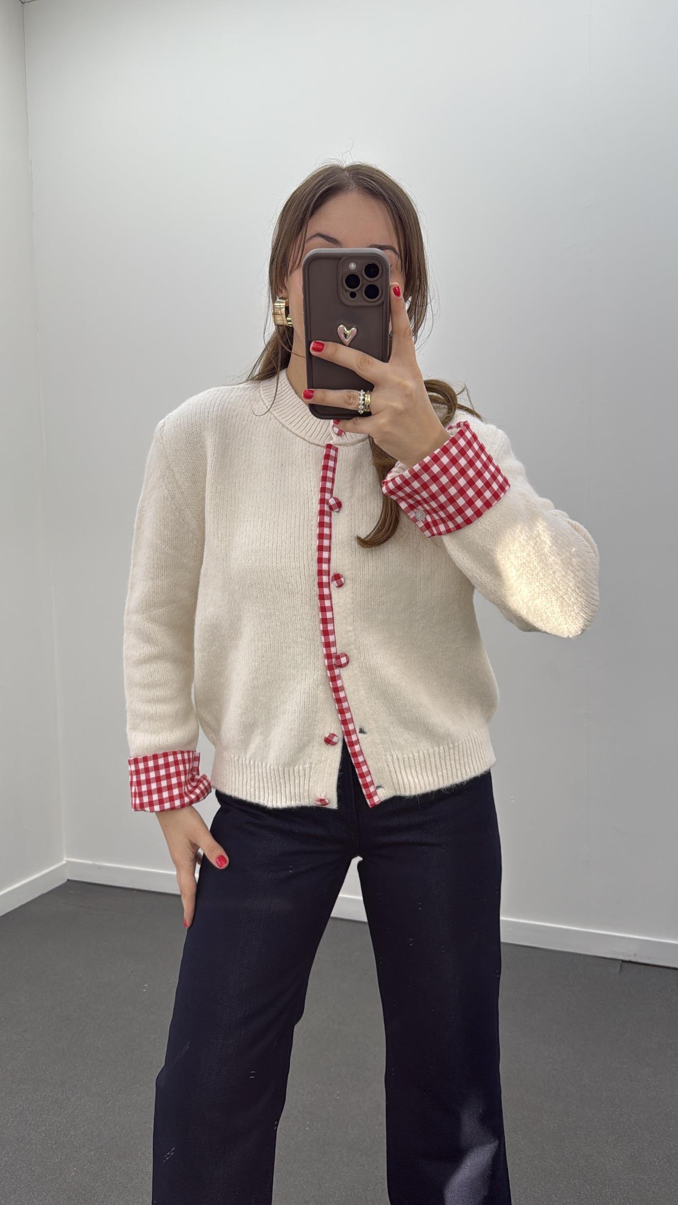 Elara Ekru Pötikareli Mix Triko Hırka