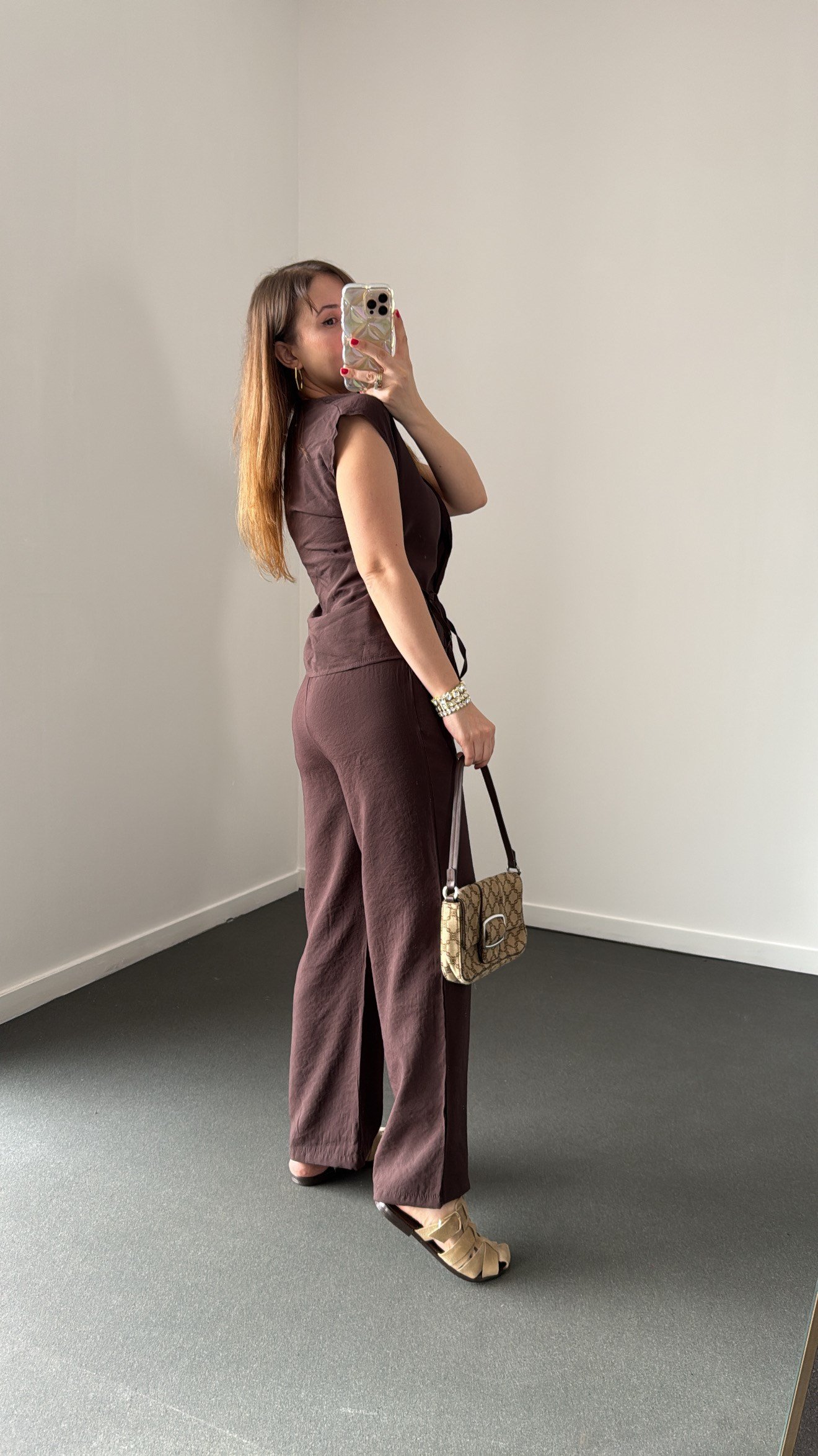 Elena Kahve Tensel Kruvaze Bluz Ve Pantolon Takımı
