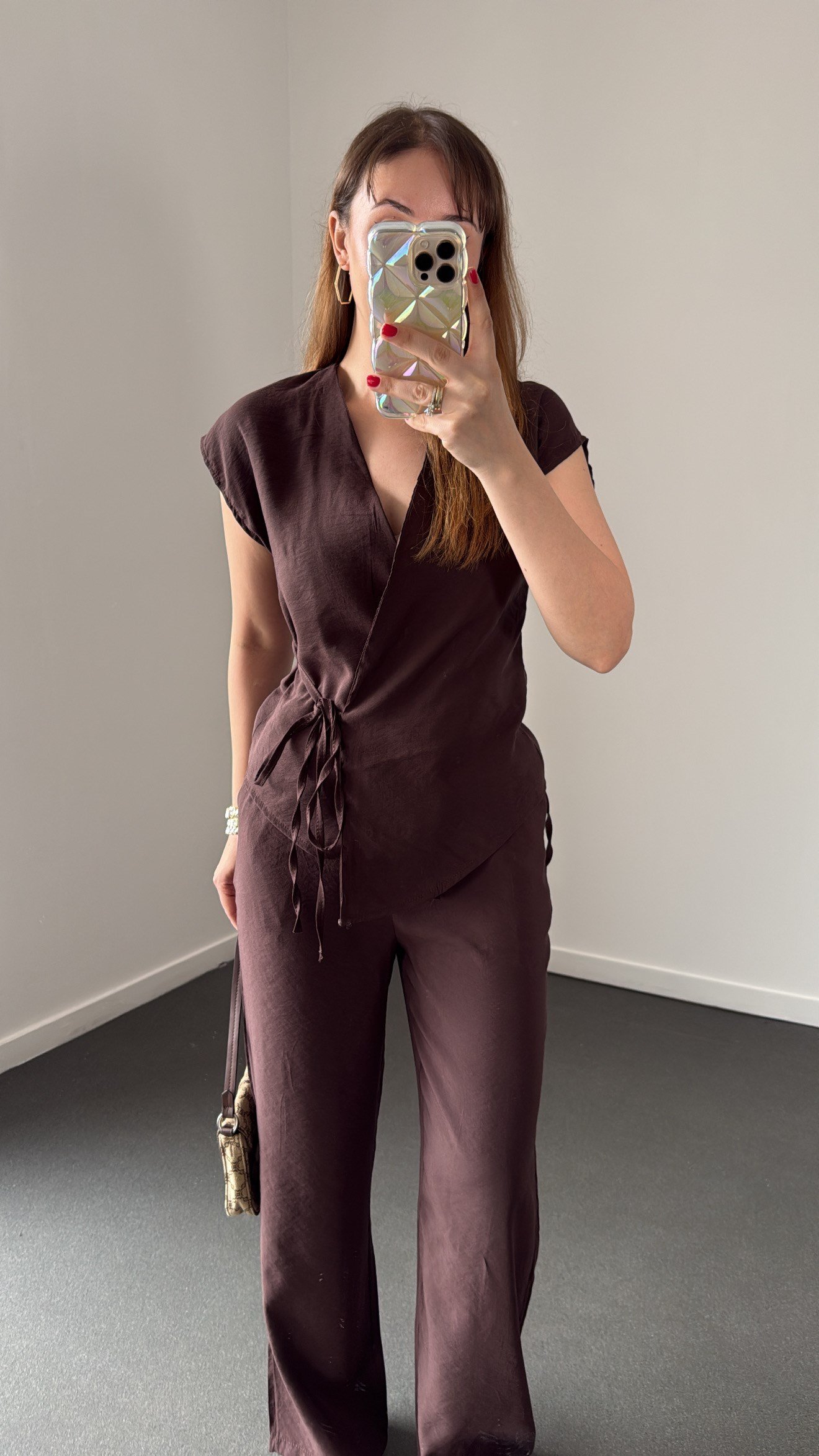 Elena Kahve Tensel Kruvaze Bluz Ve Pantolon Takımı