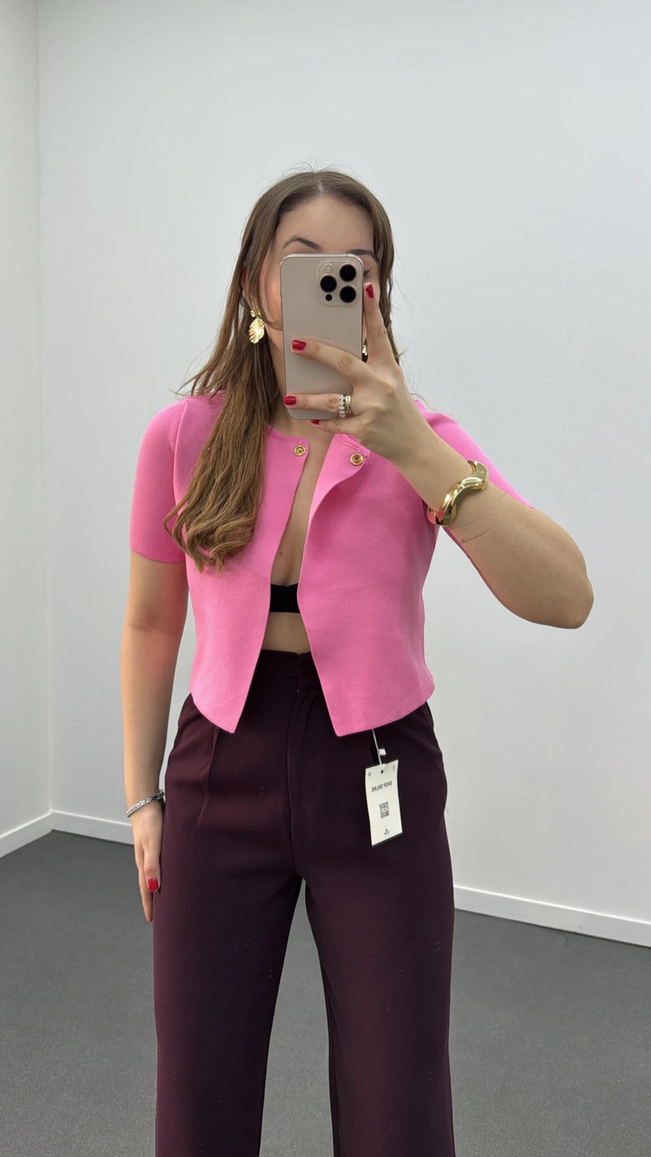 Elisa Pembe Tek Düğmeli Triko