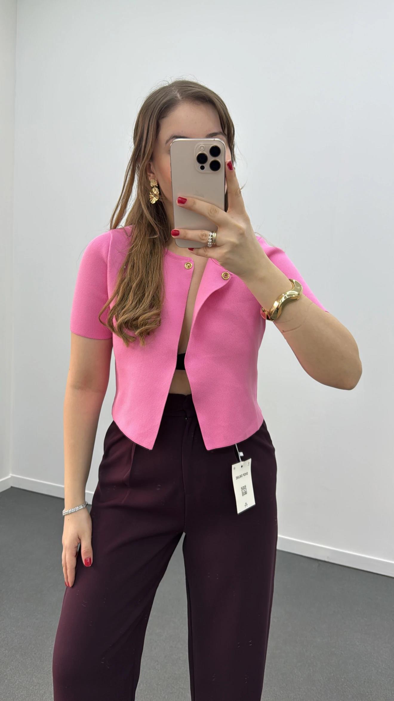 Elisa Pembe Tek Düğmeli Triko