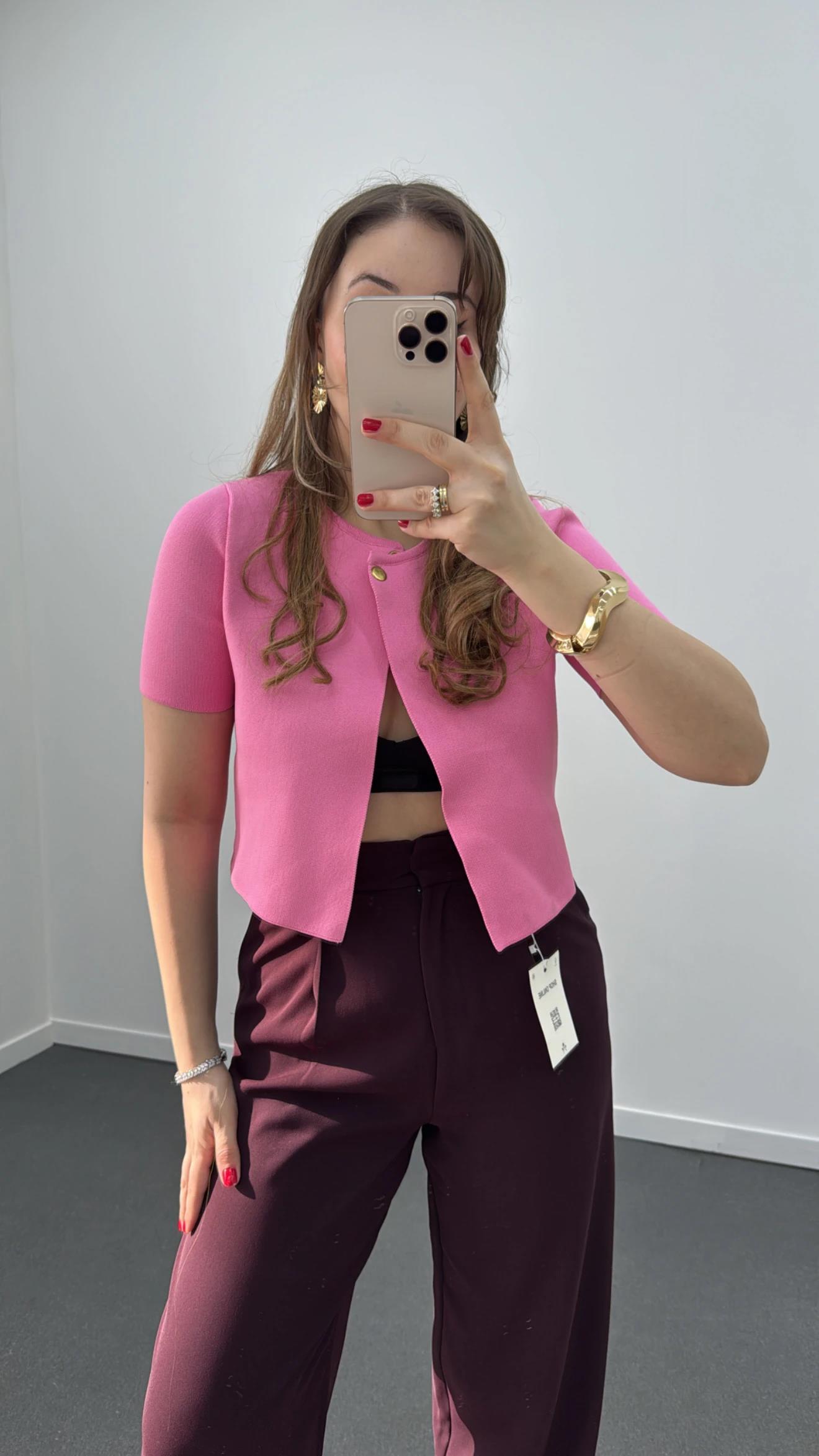 Elisa Pembe Tek Düğmeli Triko