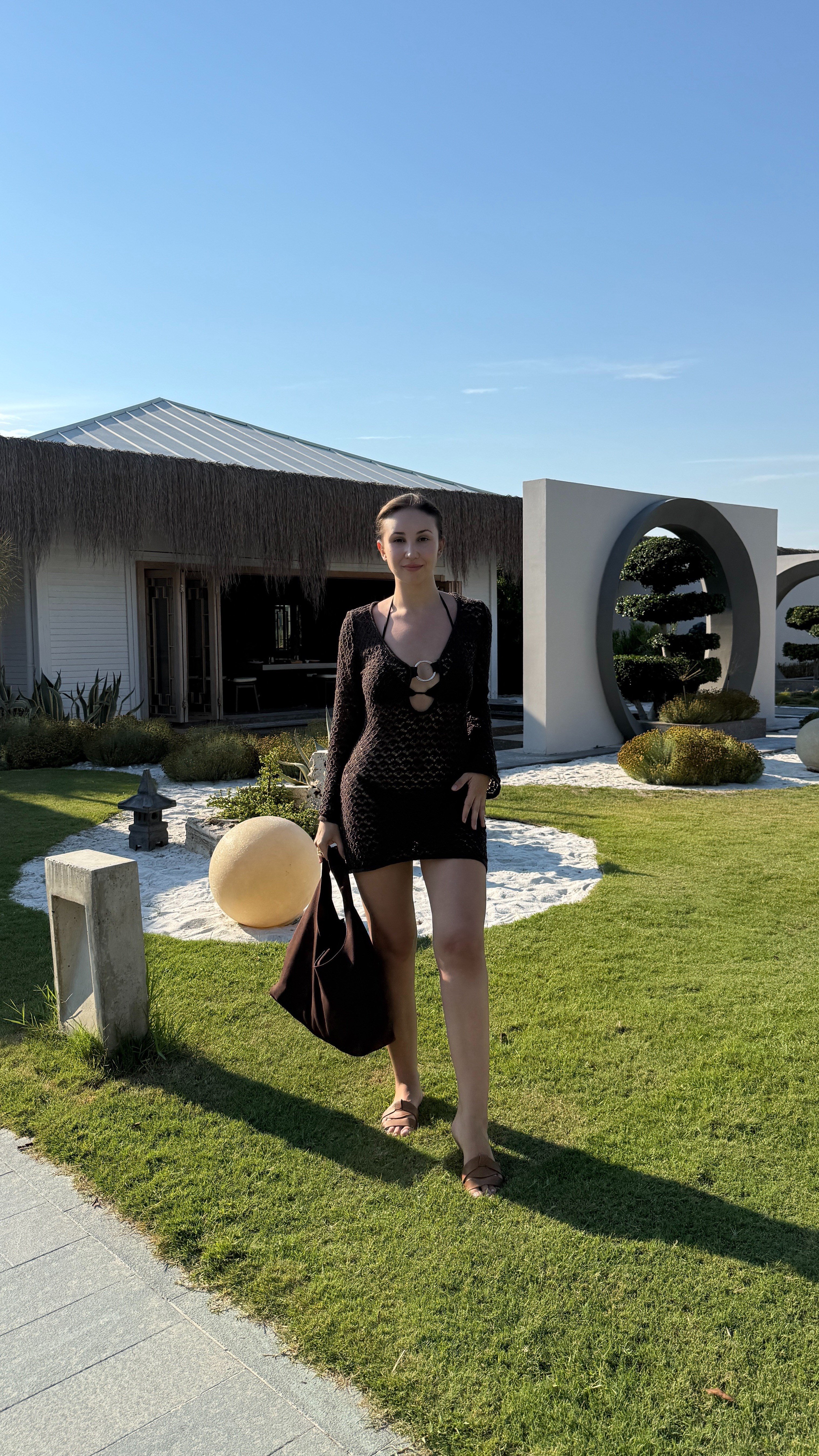 Elmira Kahve Örgülü Uzun Kol Plaj Elbisesi