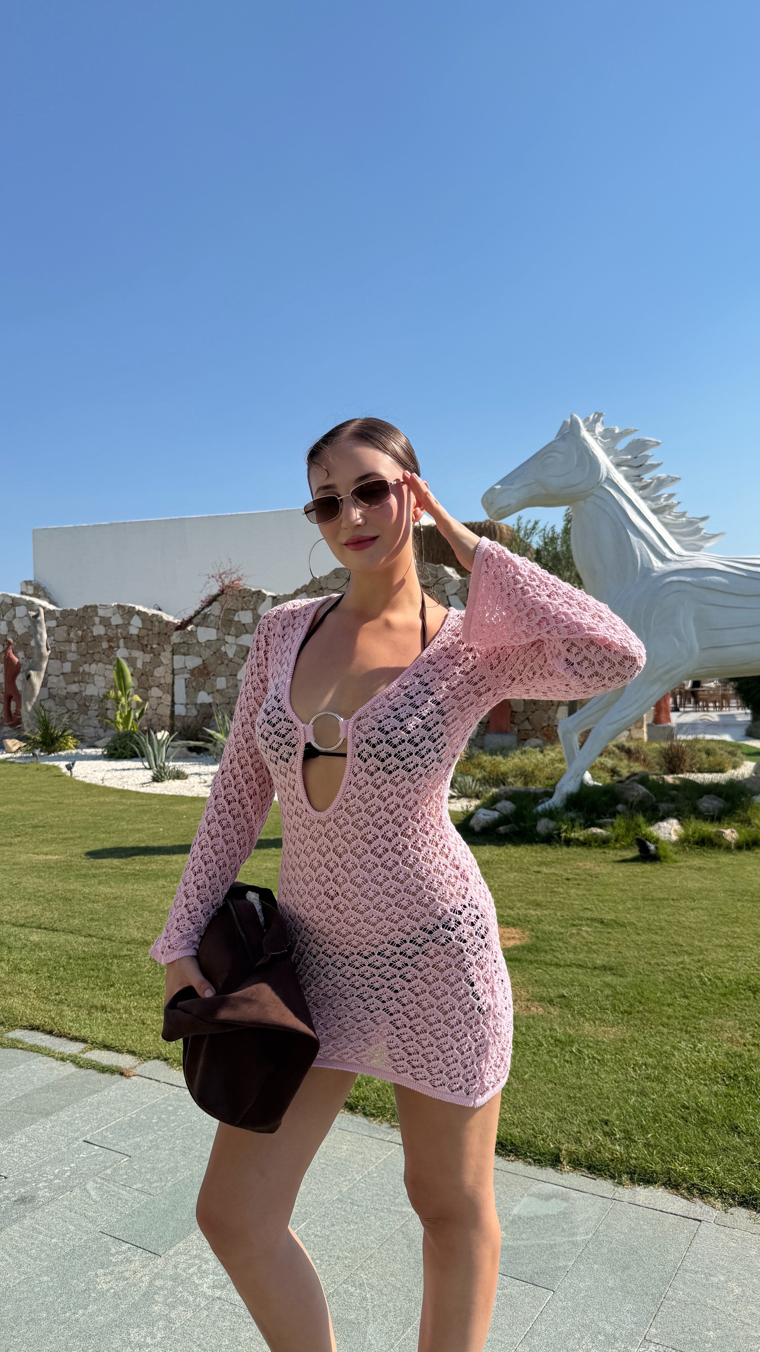 Elmira Pembe Örgülü Uzun Kol Plaj Elbisesi