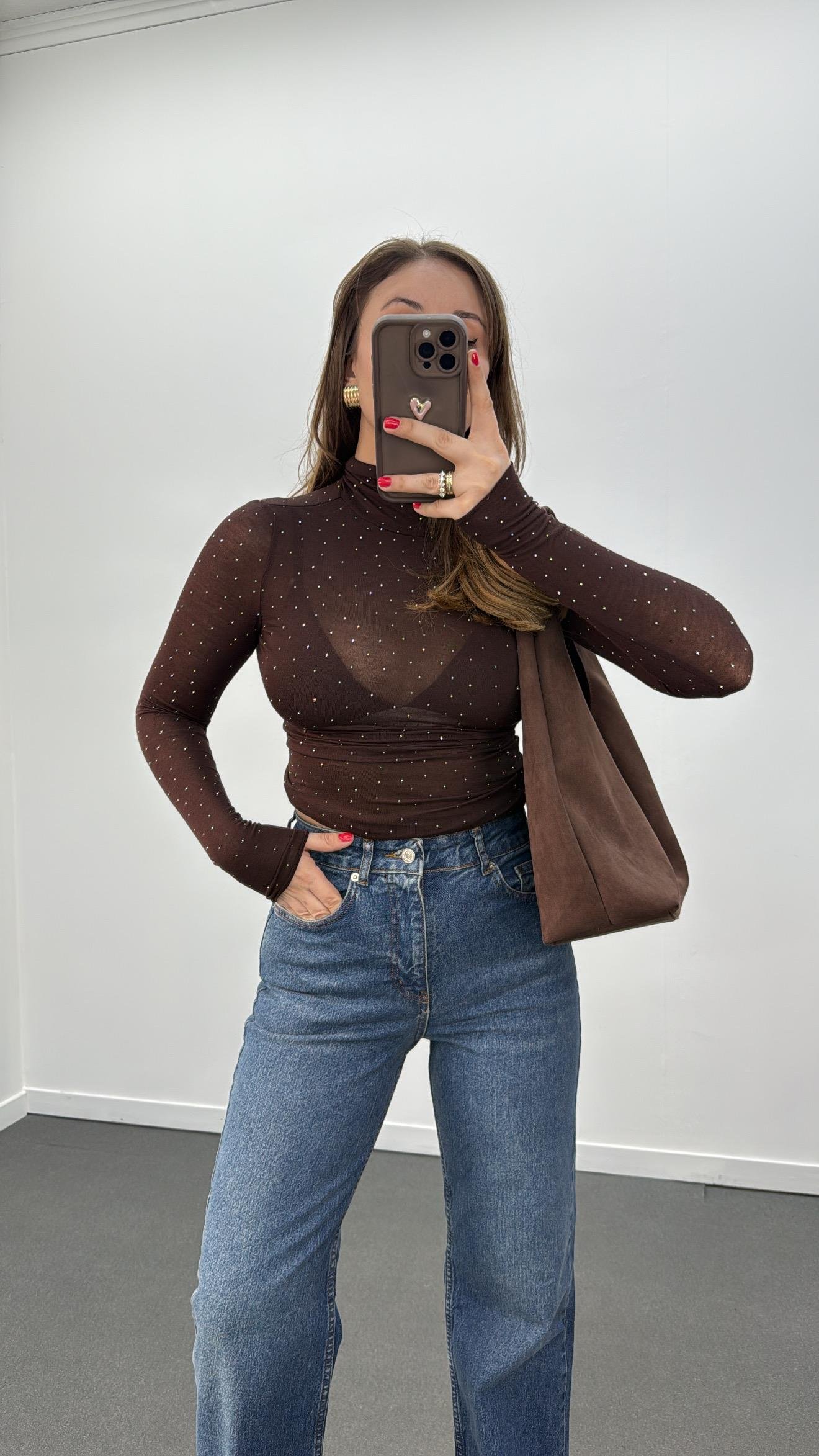 Elsa Kahve Taş Aksesuarlı Balıkçı Yaka Kaşmir Bluz