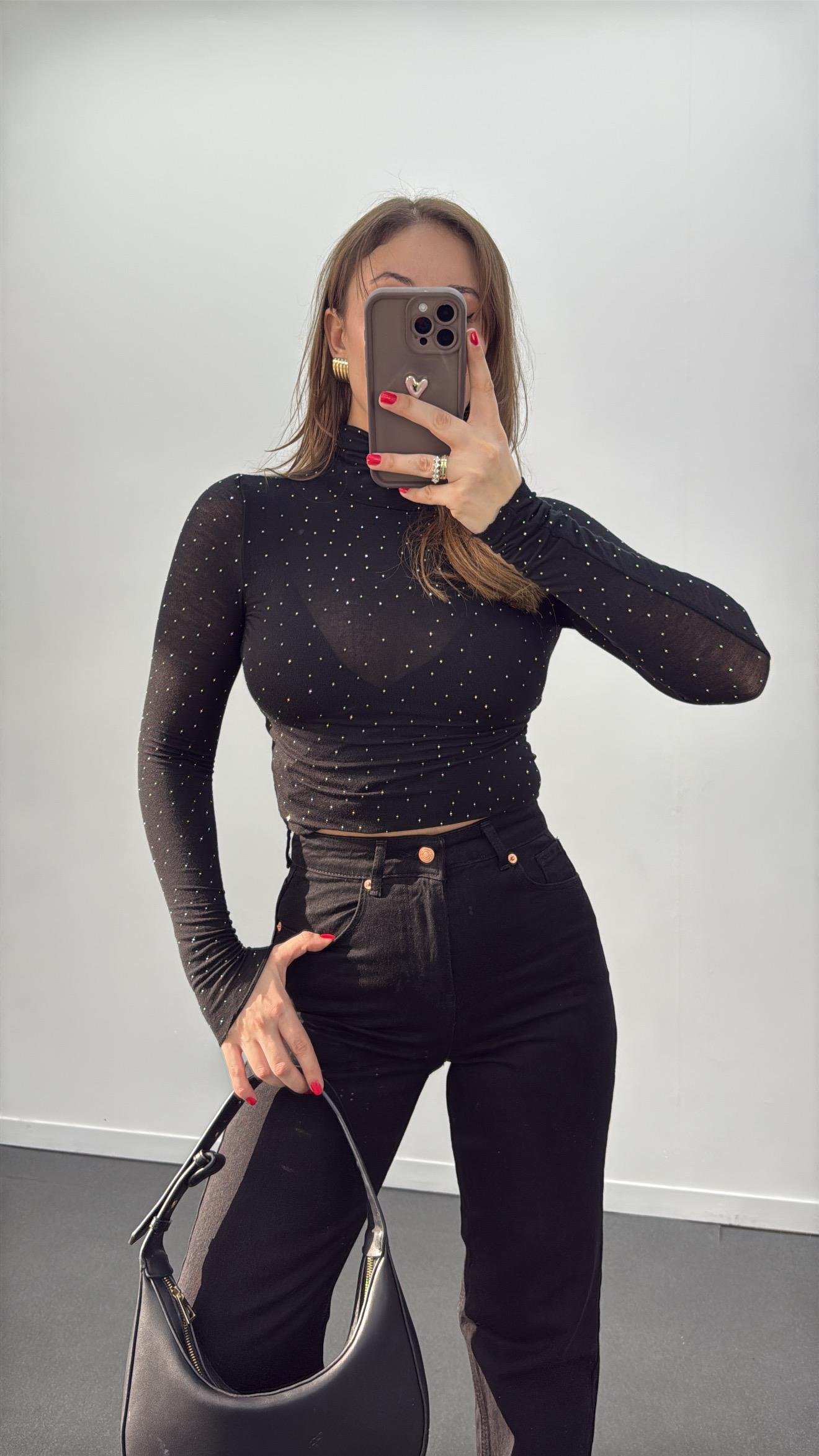 Elsa Siyah Taş Aksesuarlı Balıkçı Yaka  Kaşmir Bluz