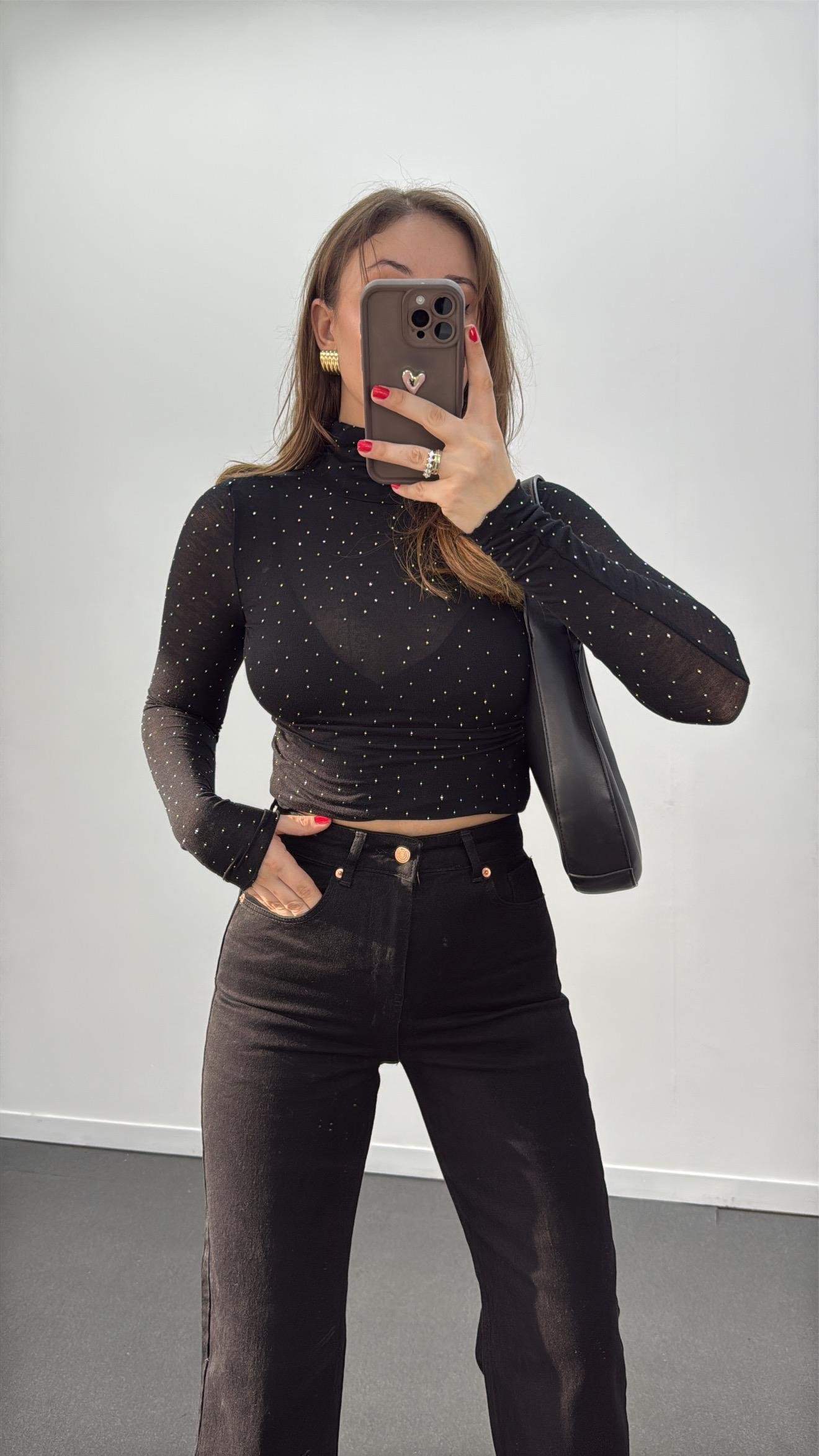 Elsa Siyah Taş Aksesuarlı Balıkçı Yaka  Kaşmir Bluz