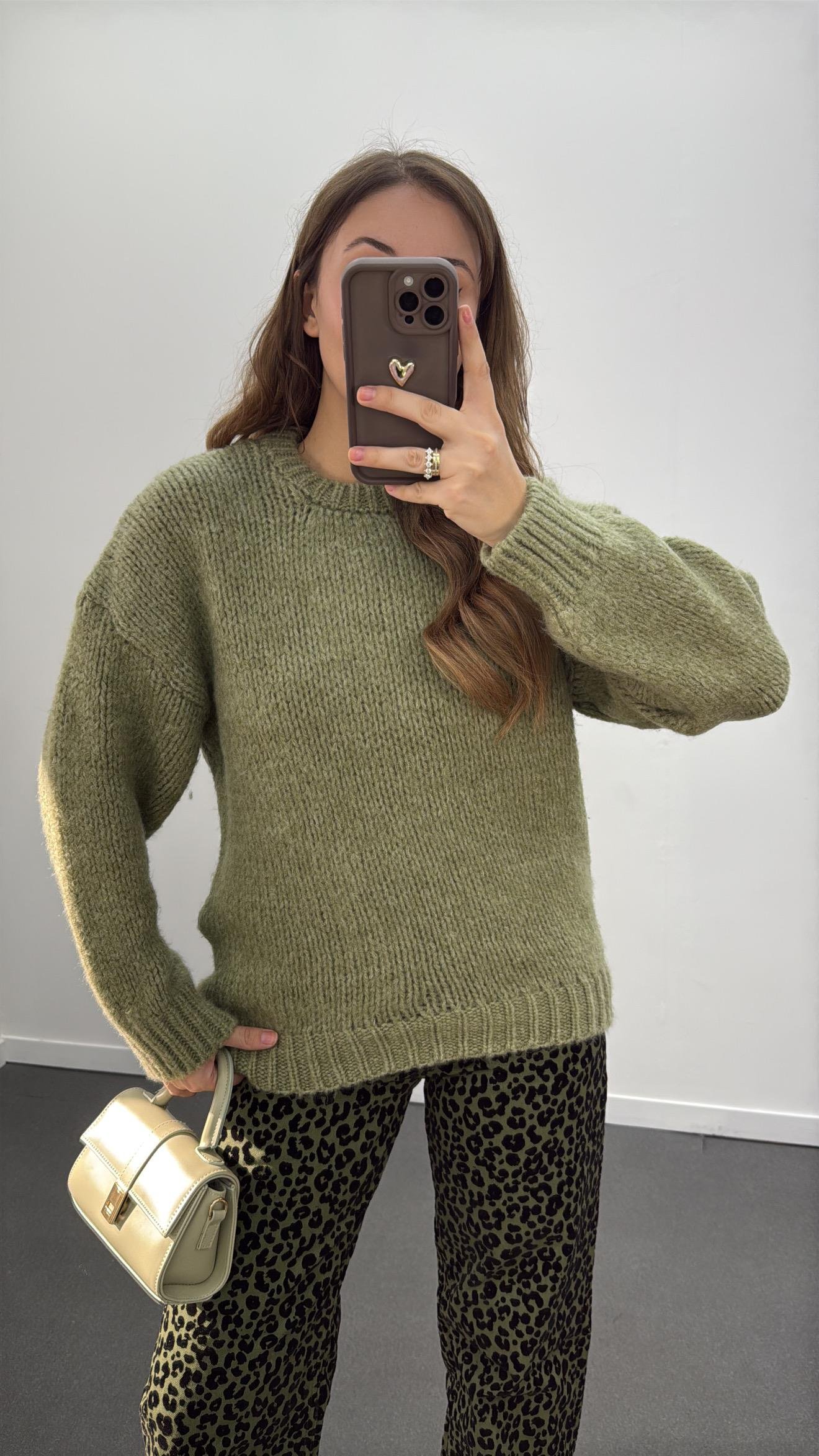 Elvira Haki Premium Kalın Örgü Kazak