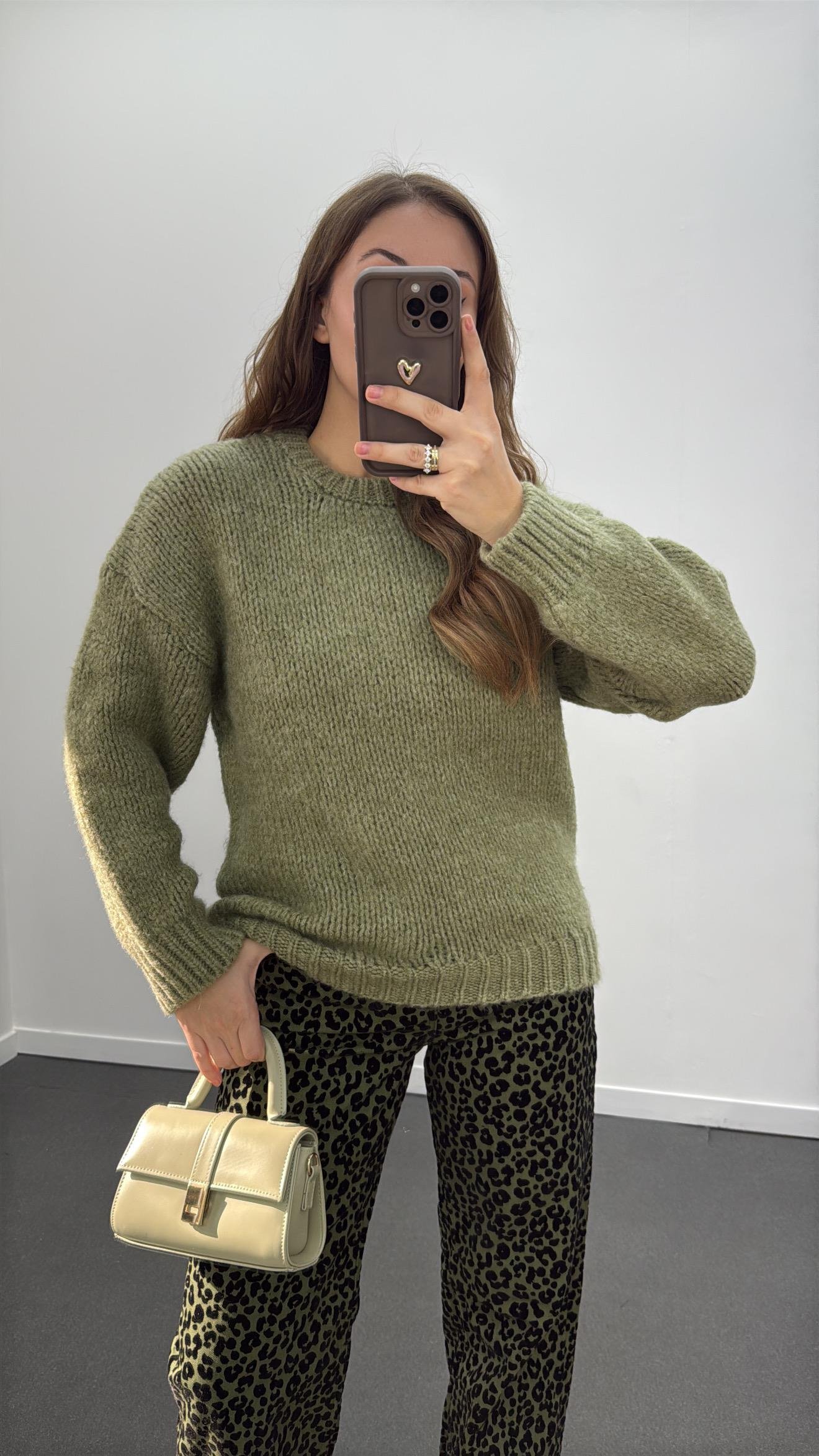 Elvira Haki Premium Kalın Örgü Kazak