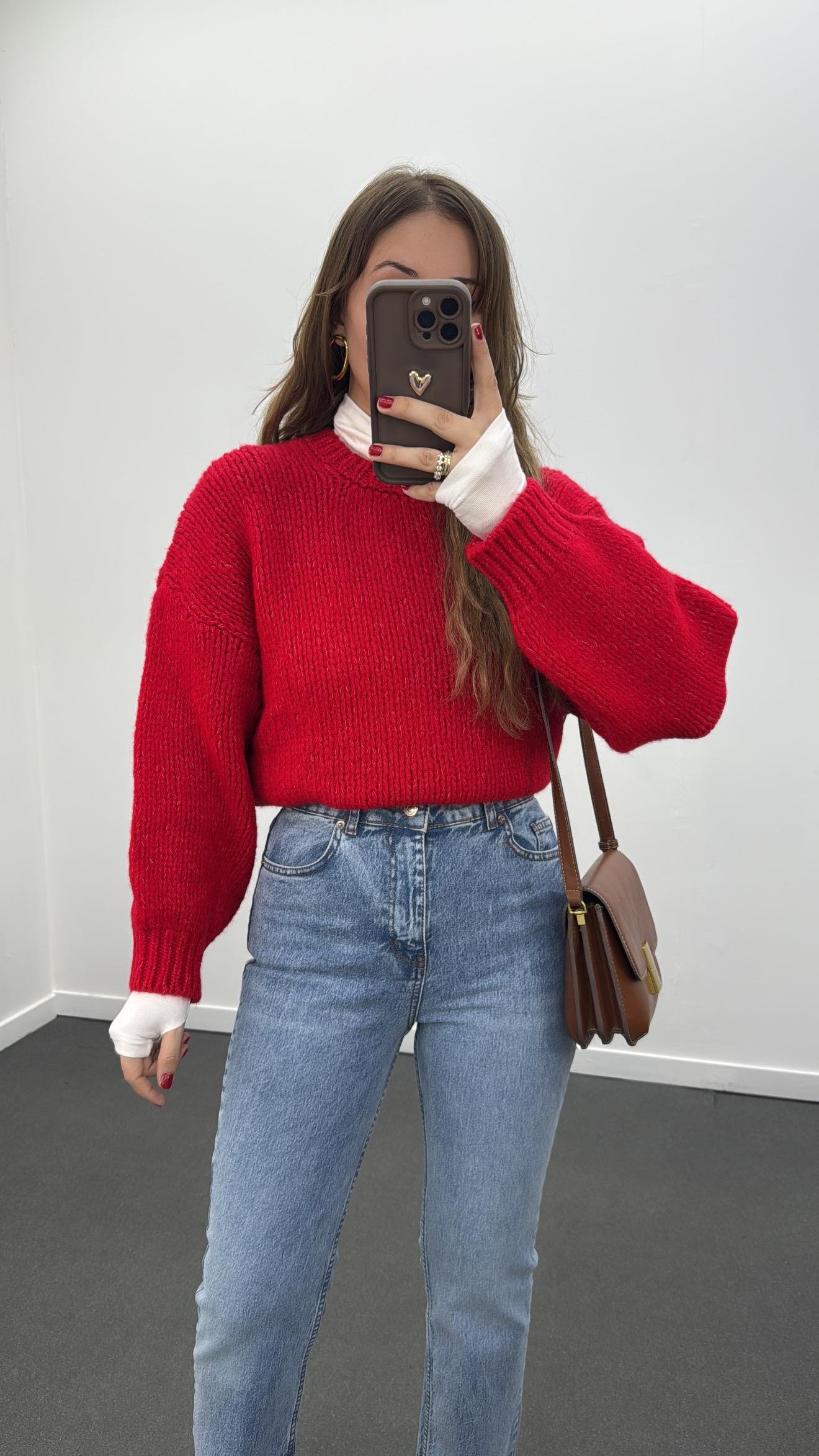 Elvira Kırmızı Premium Kalın Örgü Kazak