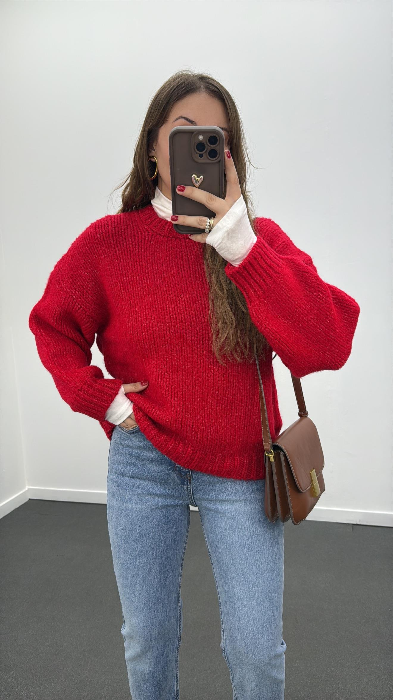 Elvira Kırmızı Premium Kalın Örgü Kazak