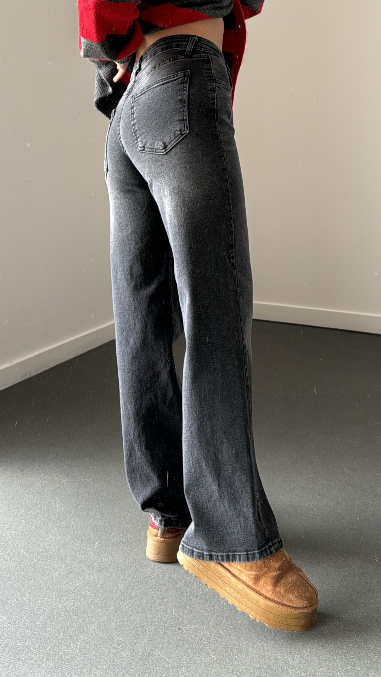 Elzora Gri Yıkama Straight Wide Leg Jean