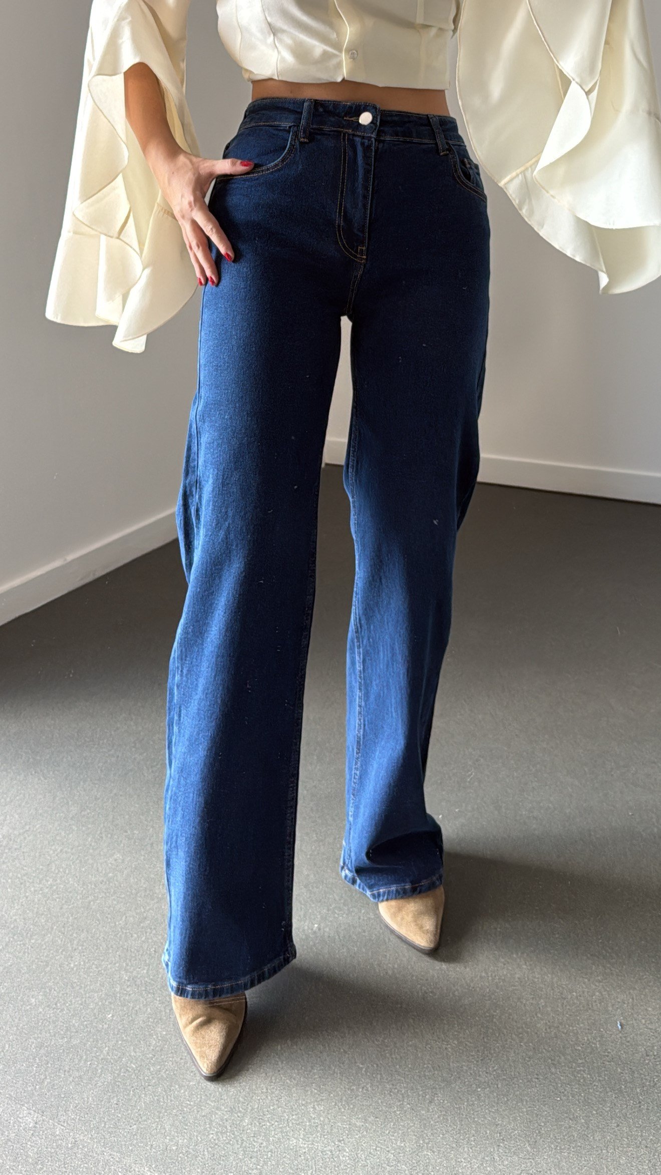 Elzora Lacivert Yıkama Straight Wide Leg Jean