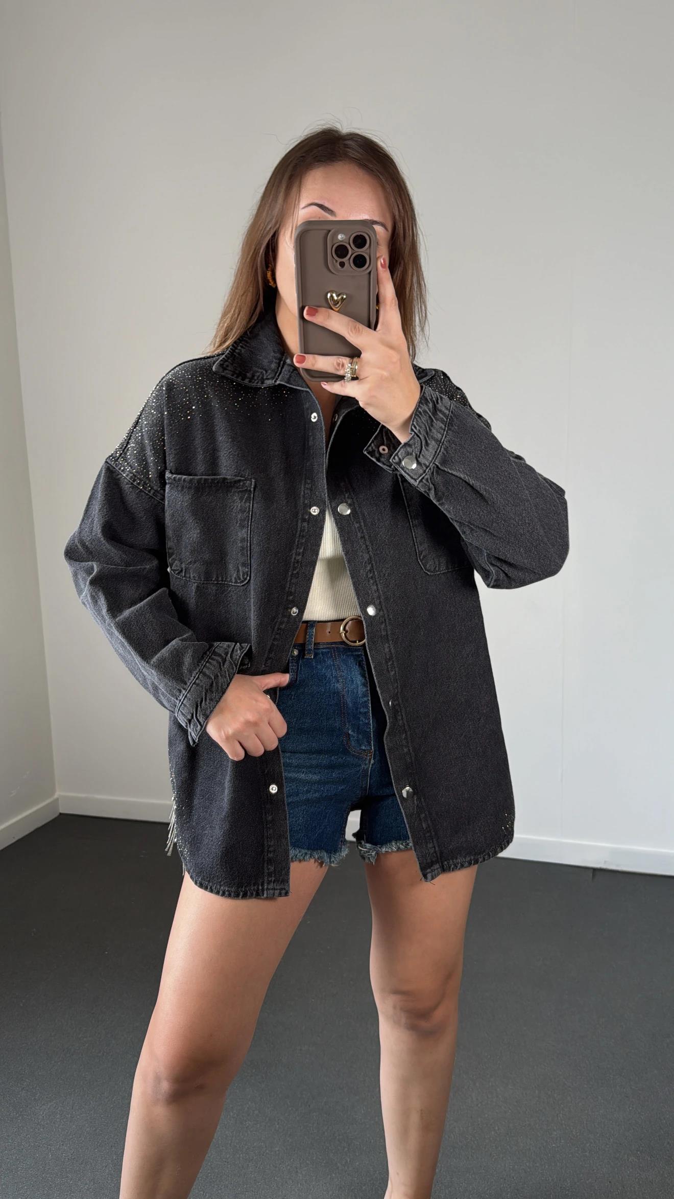 Ernesto Gri Yıkamalı Taş İşlemeli Kot Gömlek