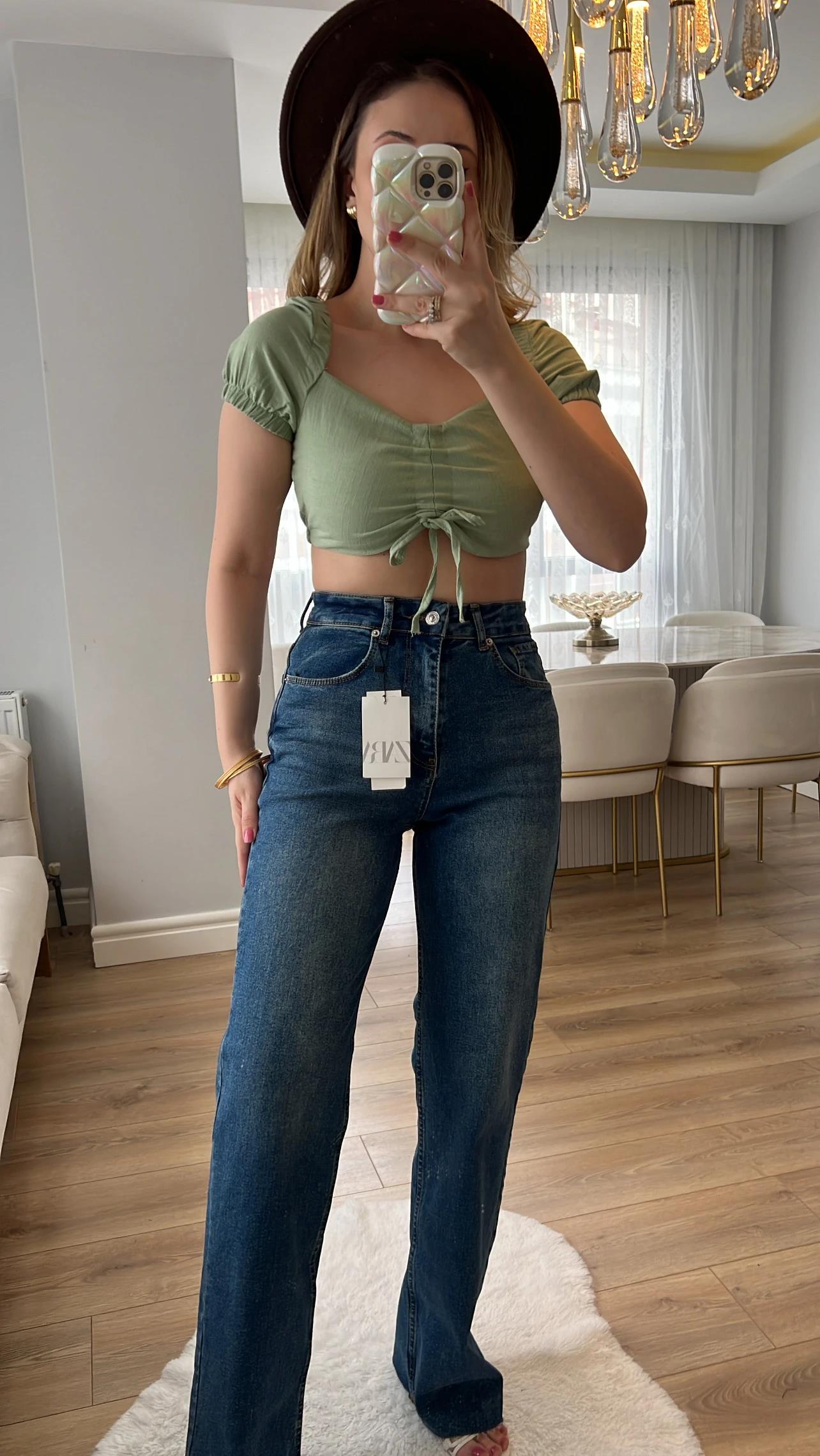 Ethan Yeşil Prenses Kol Keten Crop