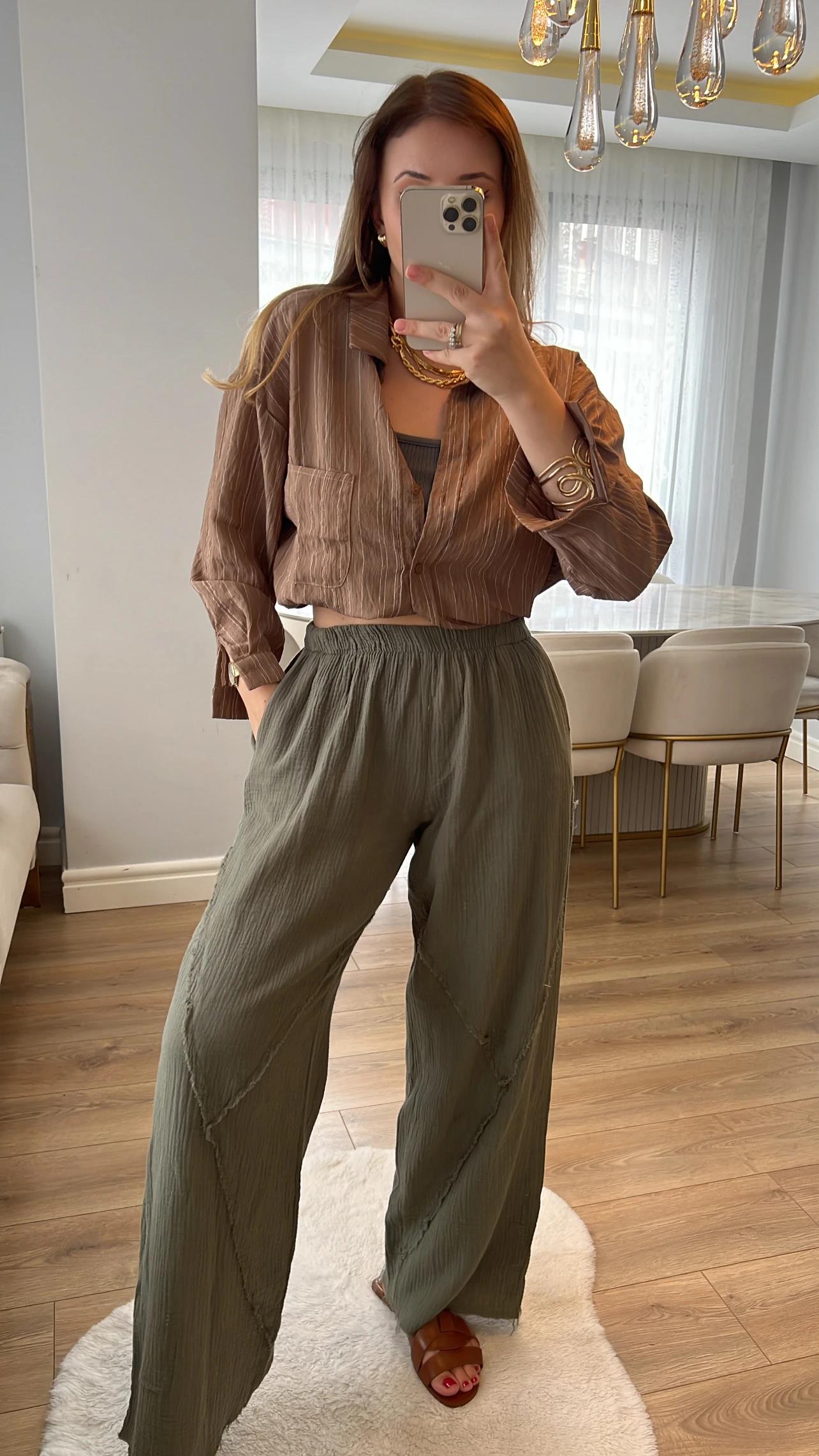 Eva Haki Müslin Kumaş Palazzo Pantolon