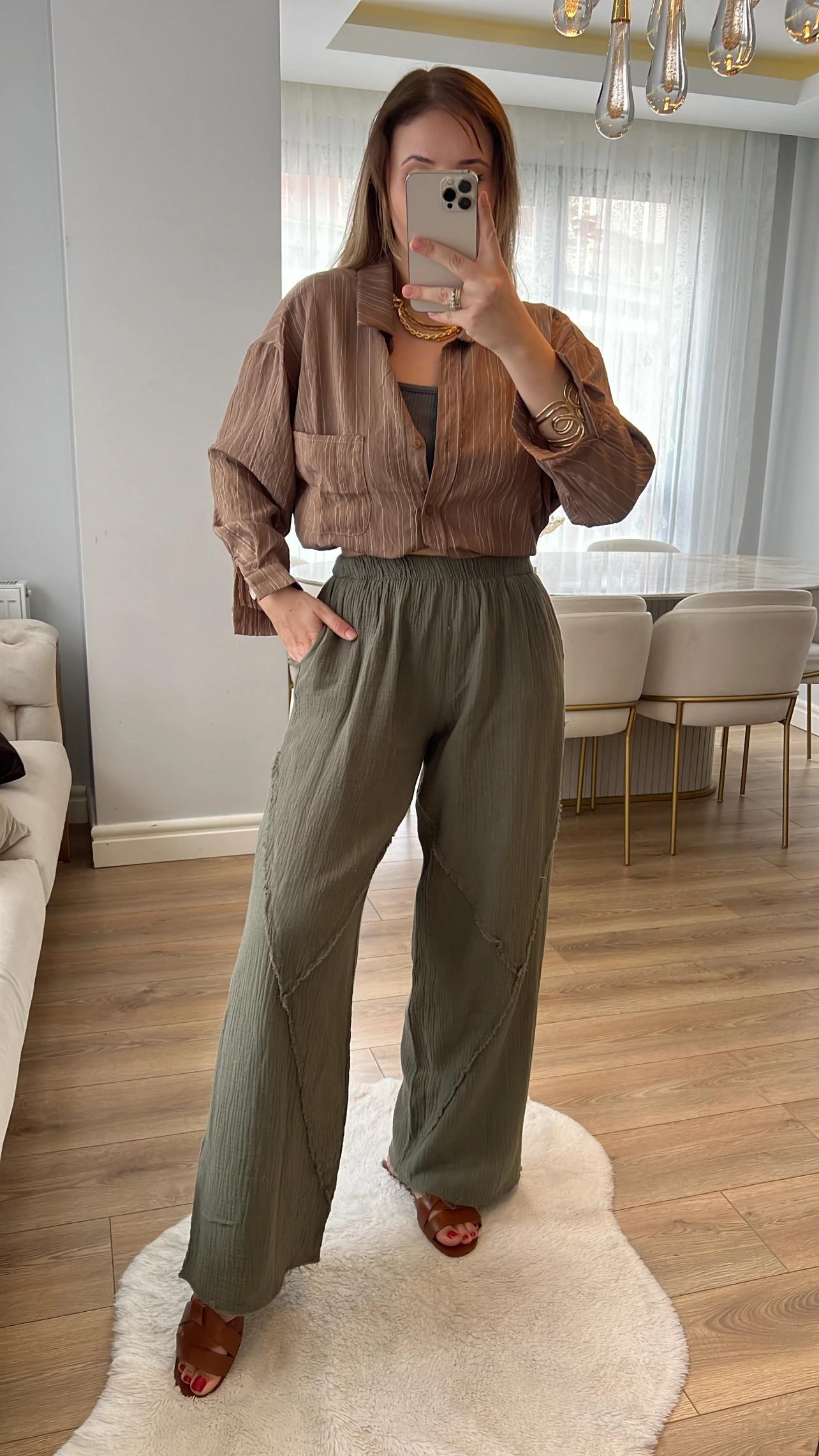 Eva Haki Müslin Kumaş Palazzo Pantolon