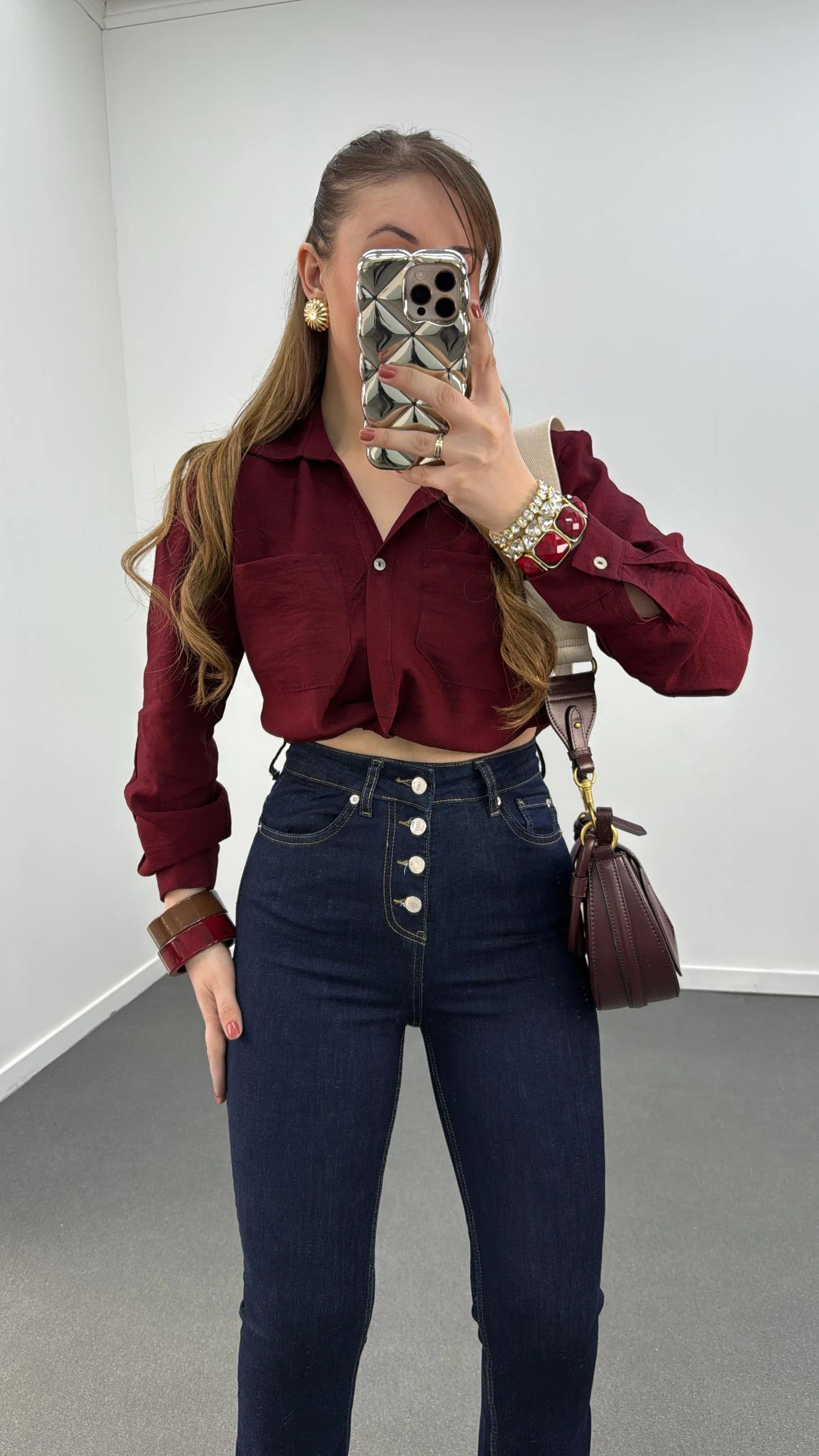 Evra Bordo Düğüm Detaylı Crop Gömlek